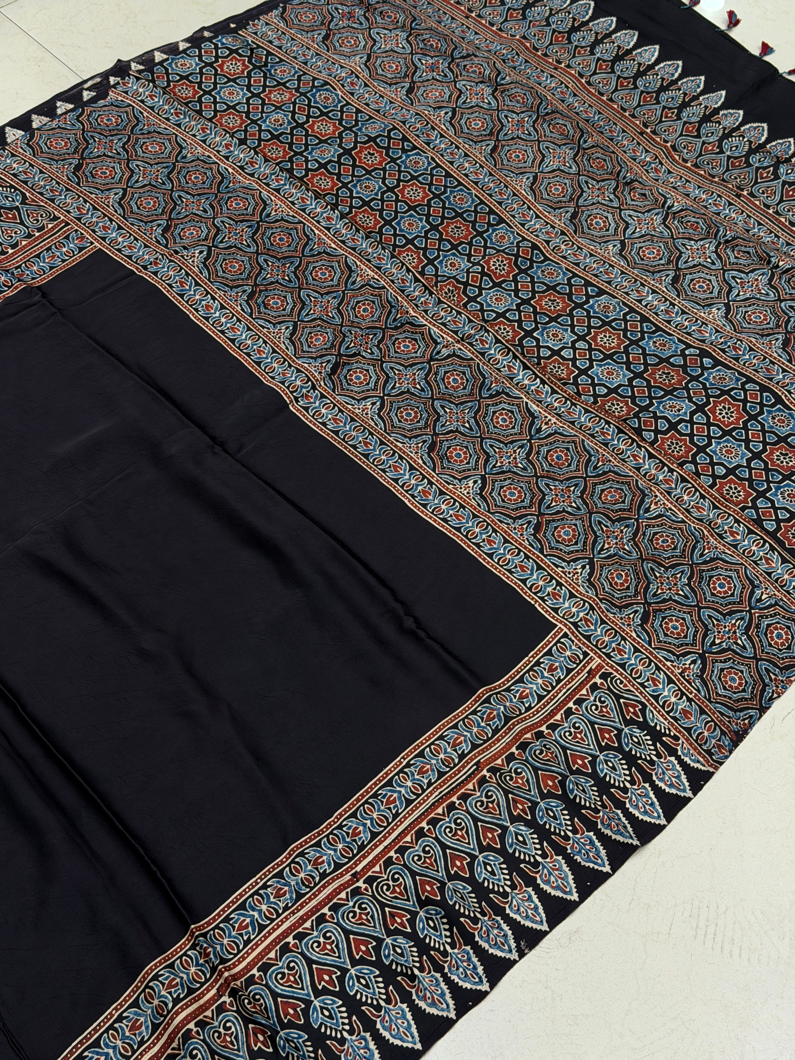 Black Plain Big Border Ajrakh Hand Block Print Pure Modal Silk Saree