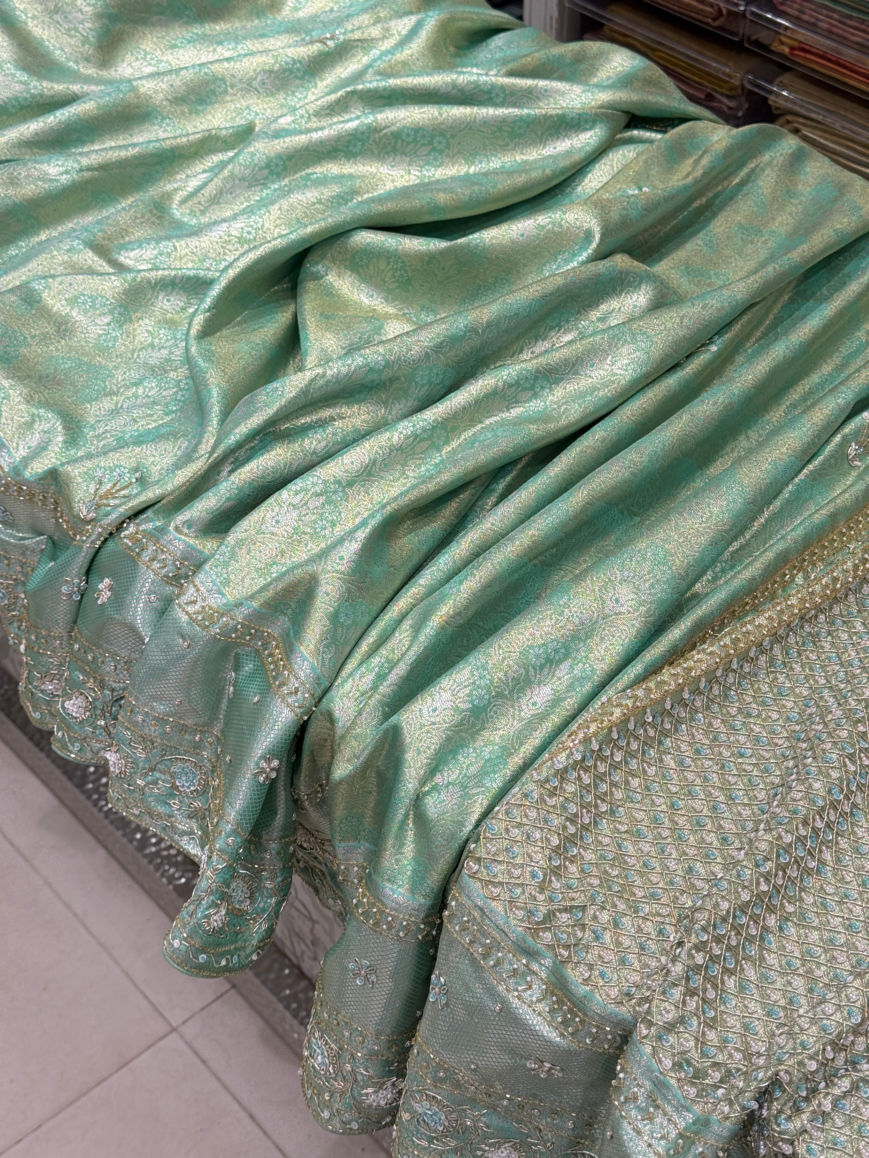 Pista Green Tissue Kanjivaram Hand Embroidery Saree
