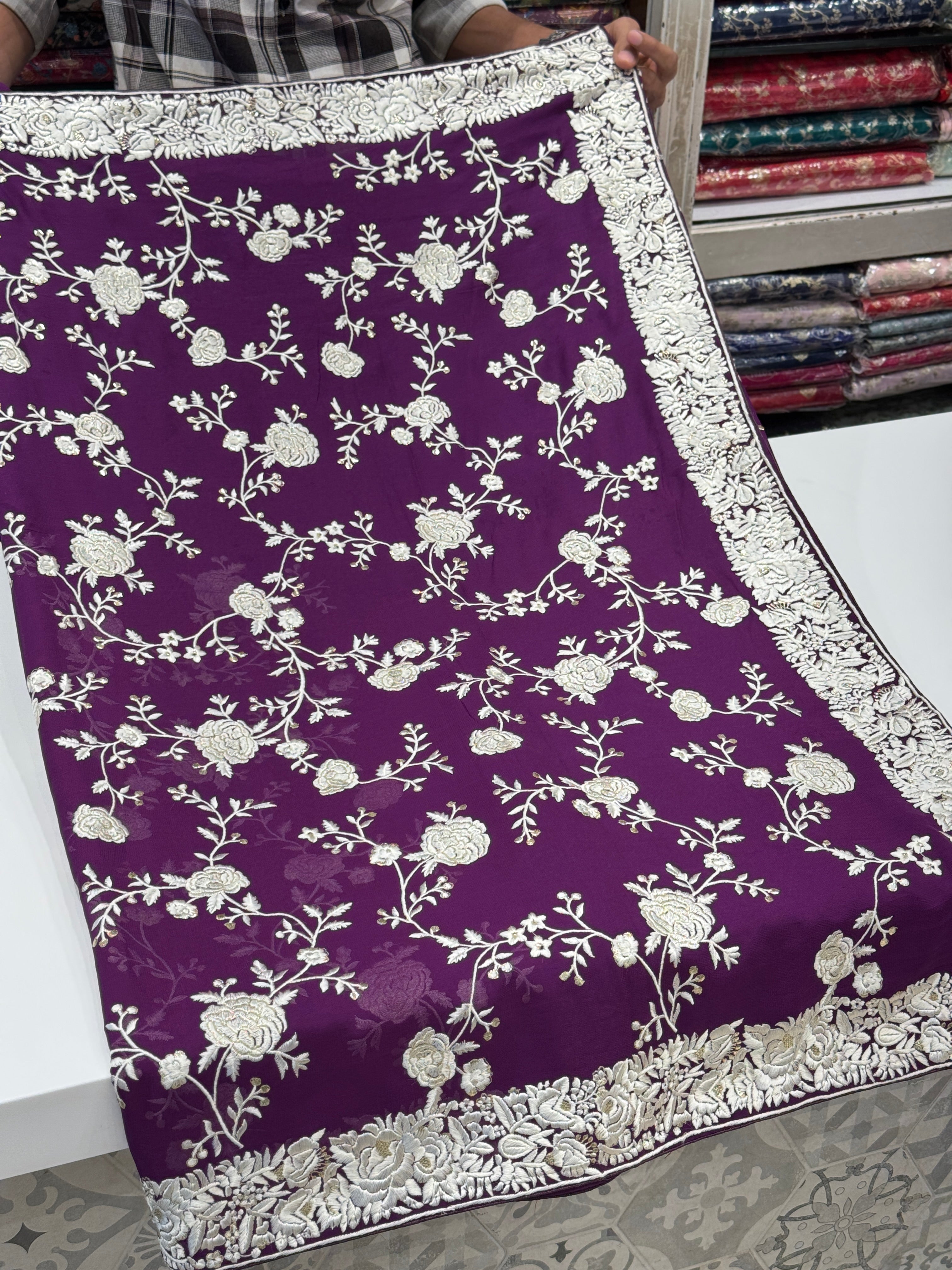 Violet Floral Parsi Gara Jaal Saree