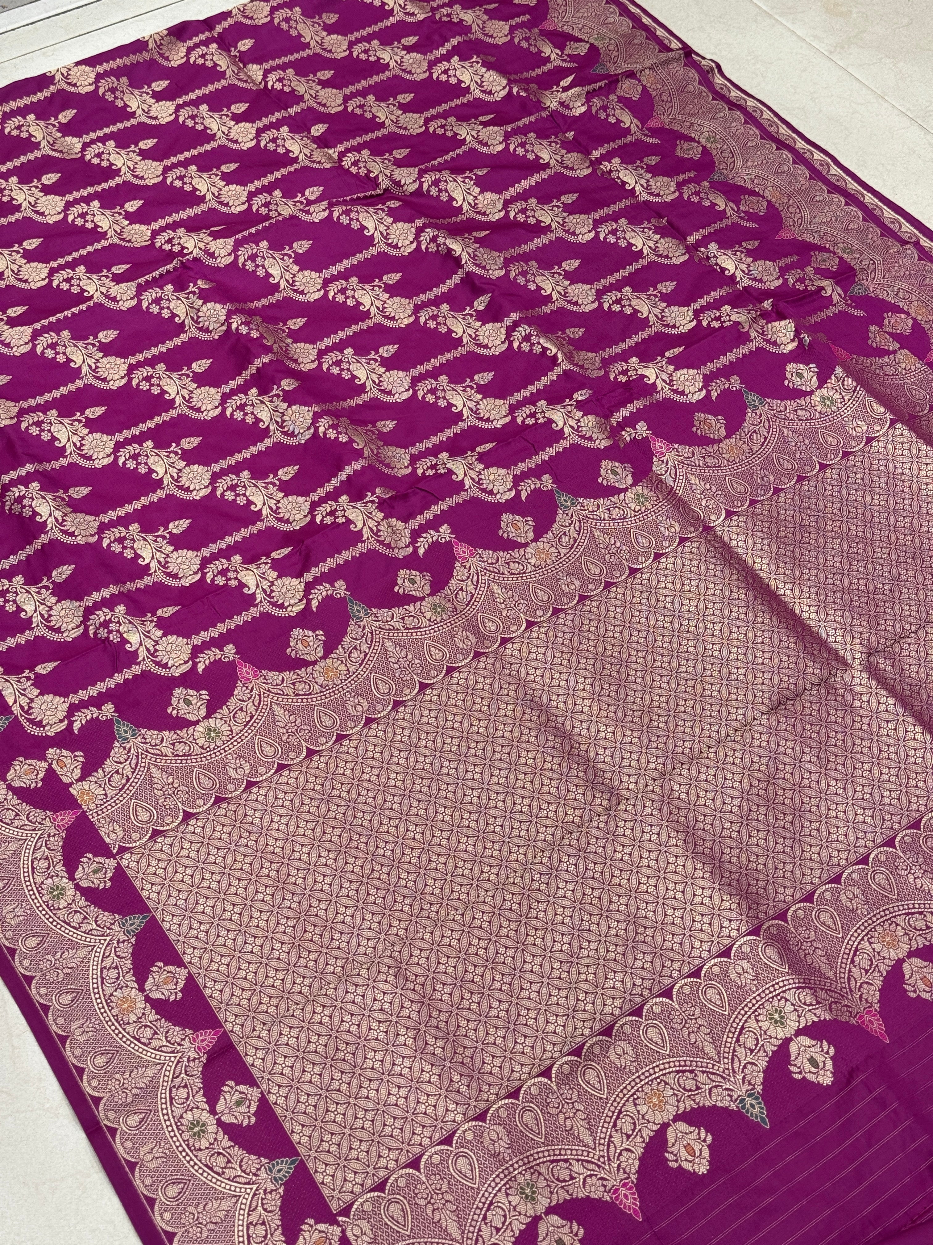 Wine Leheriya Scallop Banarasi Silk Saree