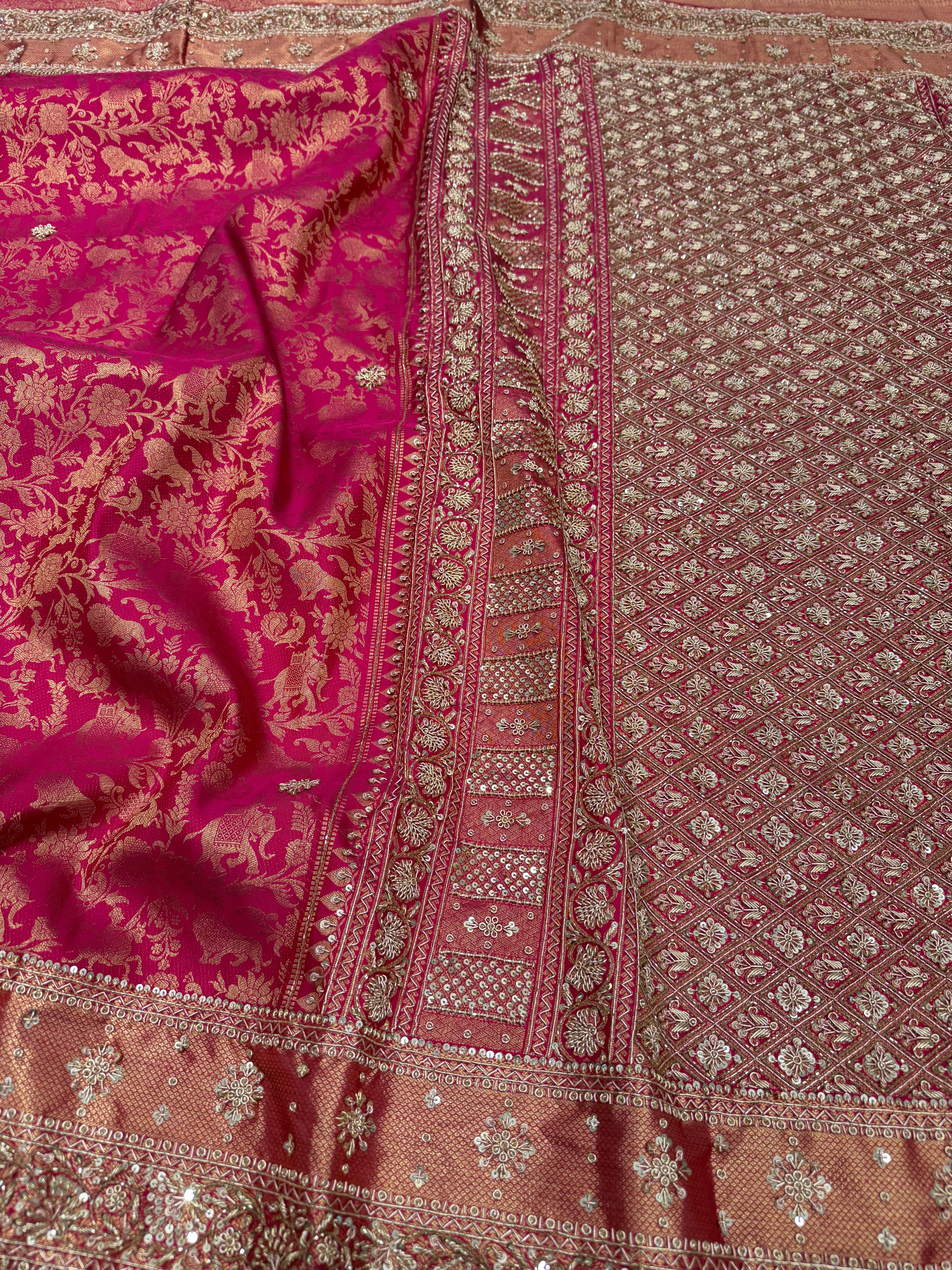 Rani Pink Shikara Kanjivaram Hand Embroidery Zardosi Saree