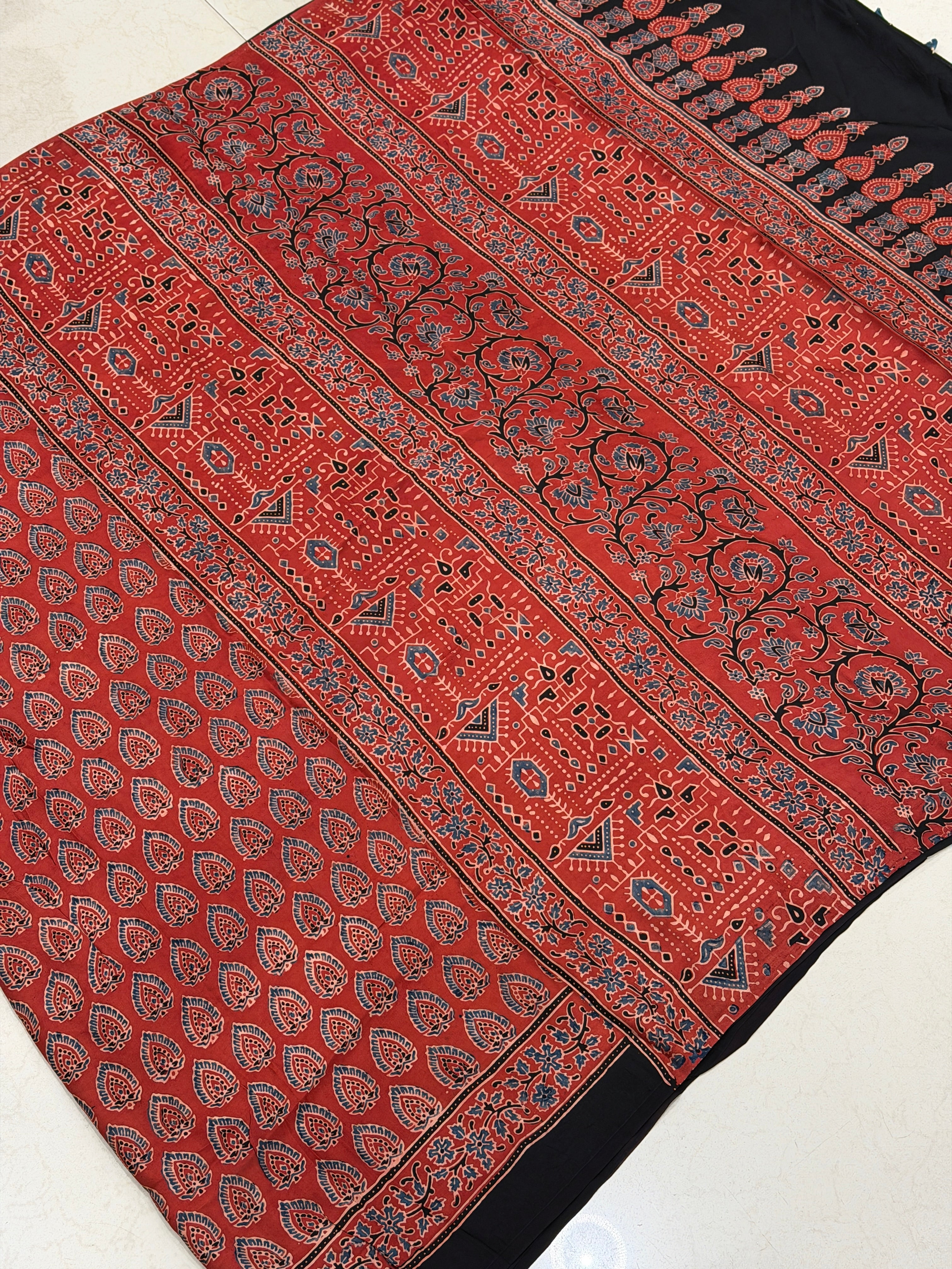 Red Sword Butti Ajrakh Hand Block Print Pure Modal Silk Saree