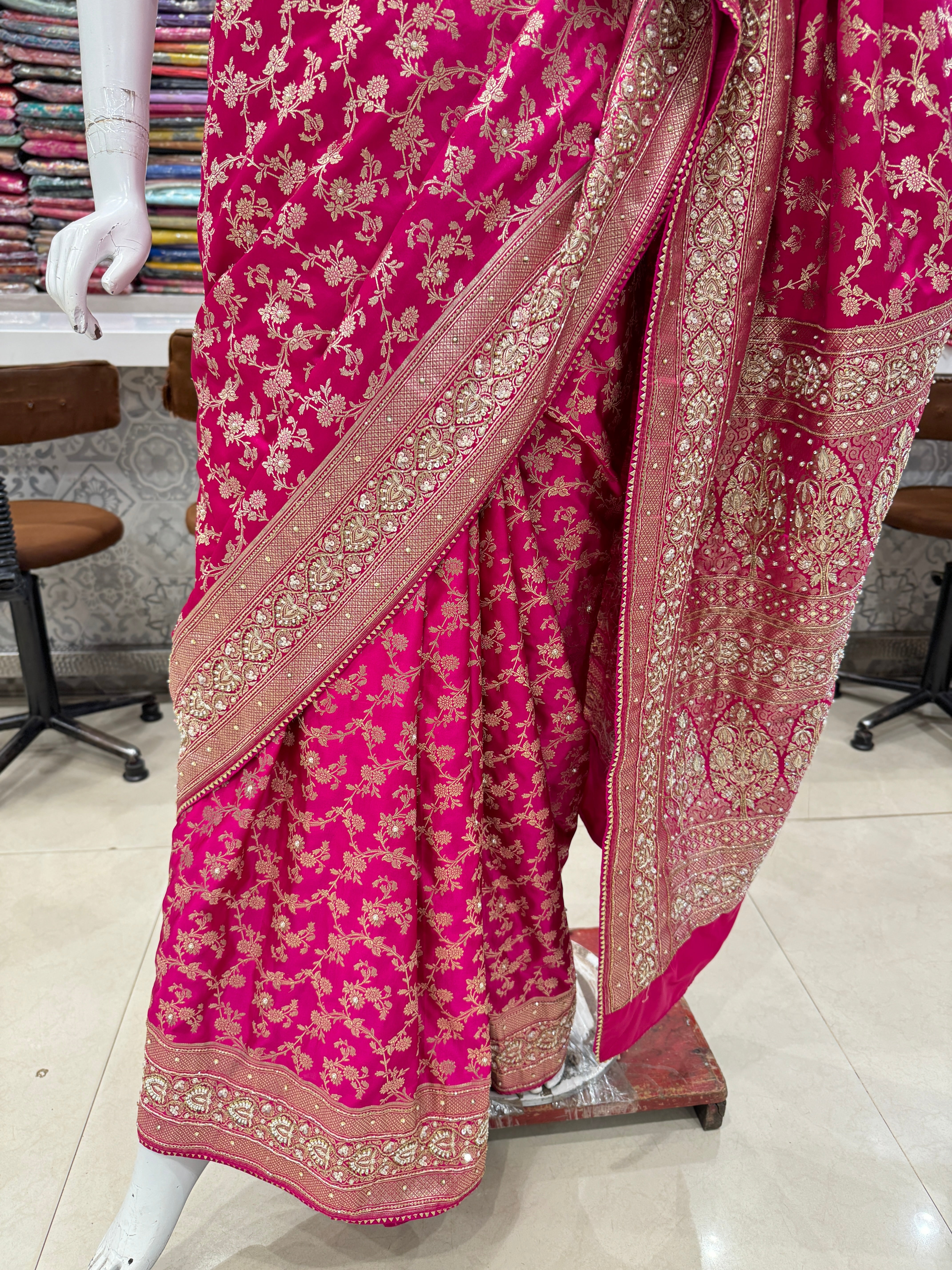 Rani Banarasi Hand Zardosi Moti Embroidery