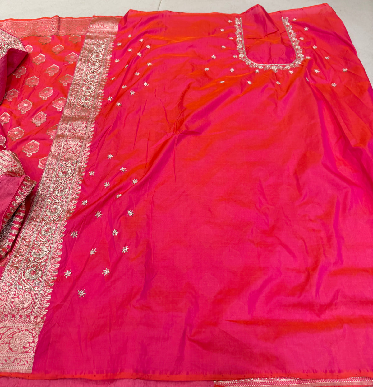 Cross Rani Handloom Banarasi Katan Silk Zardosi Hand Embroidery Saree