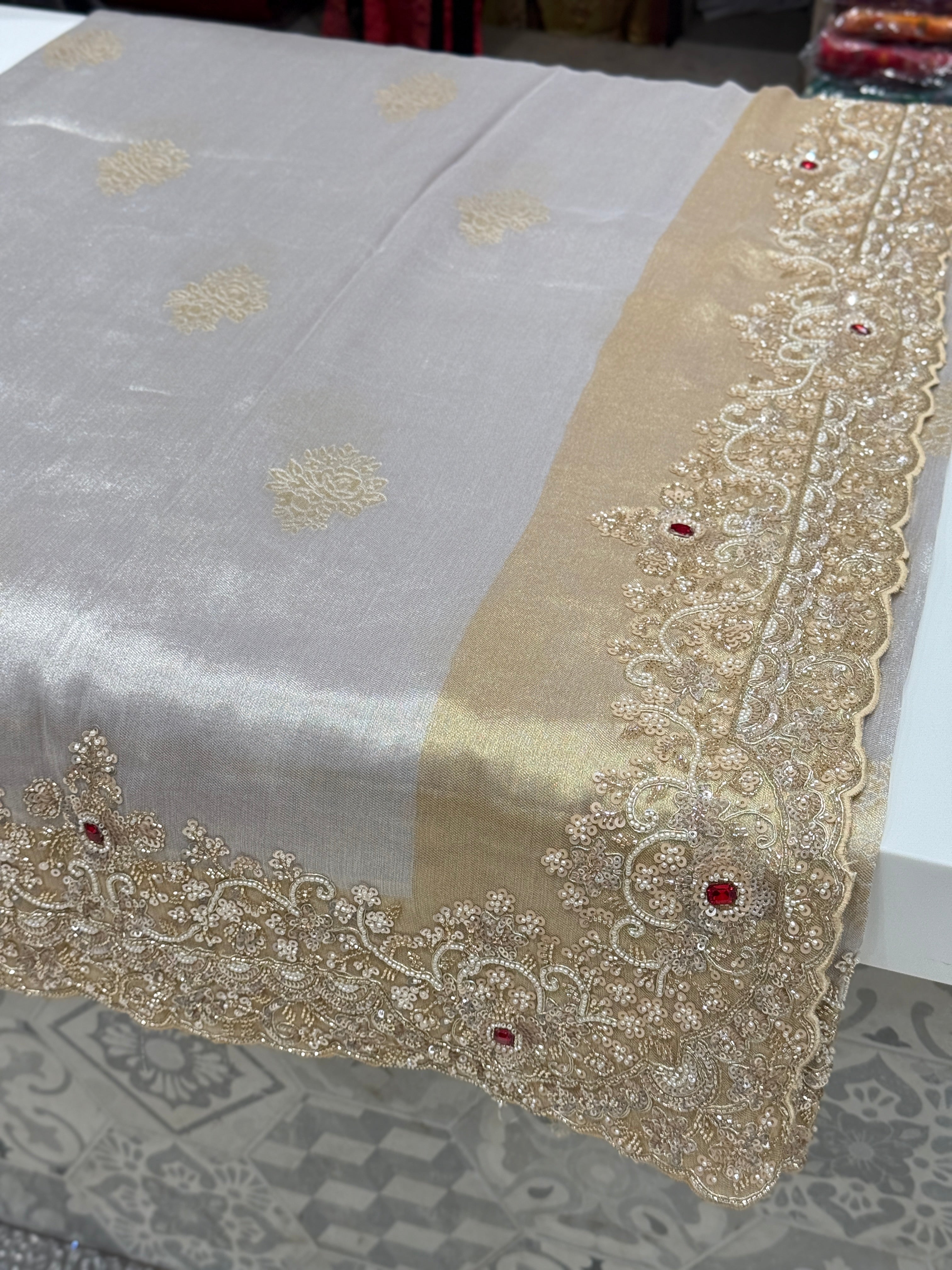 Silver Golden Tissue Moti Cutdana Embroidery Saree