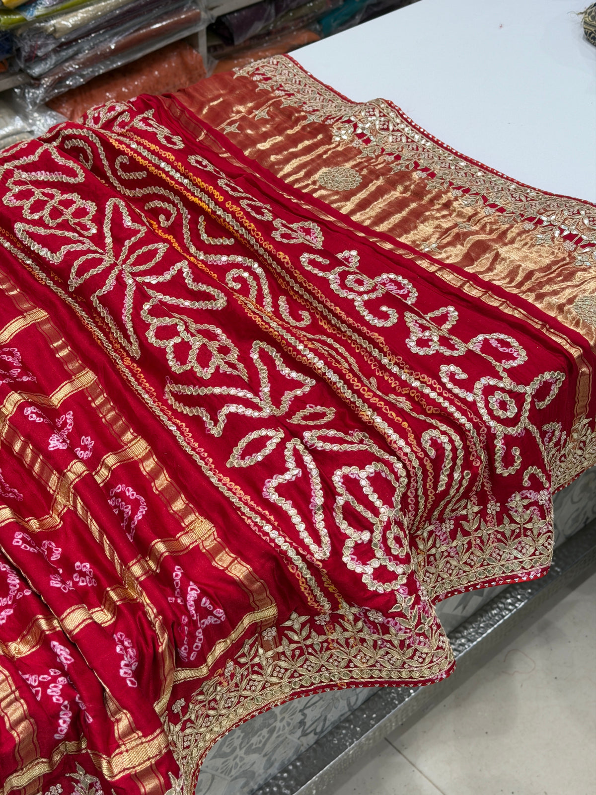 Red Gajji Silk Gharchola Rai Bandhej Gotapatti Marodi Hand Embroidery Saree