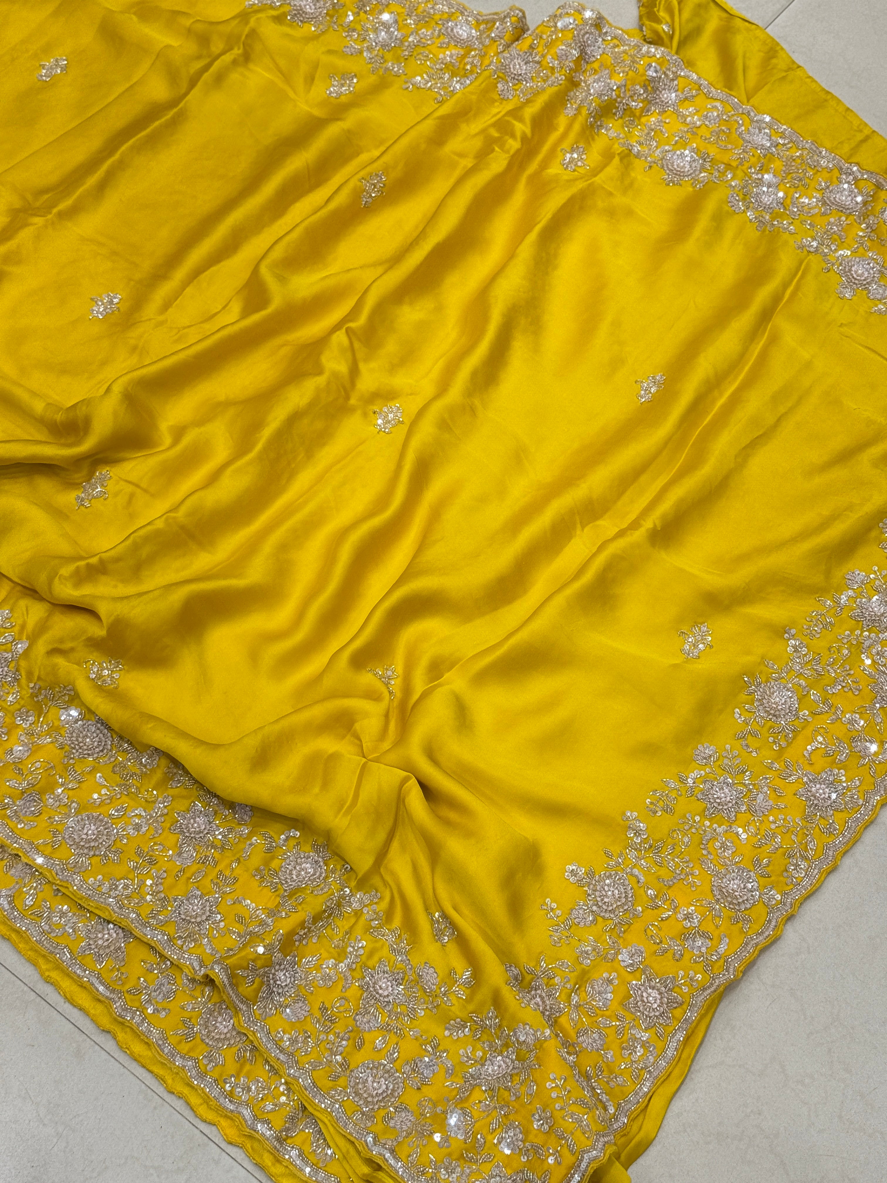 Yellow Satin Silk Hand Embroidery Moti Cutdana Saree