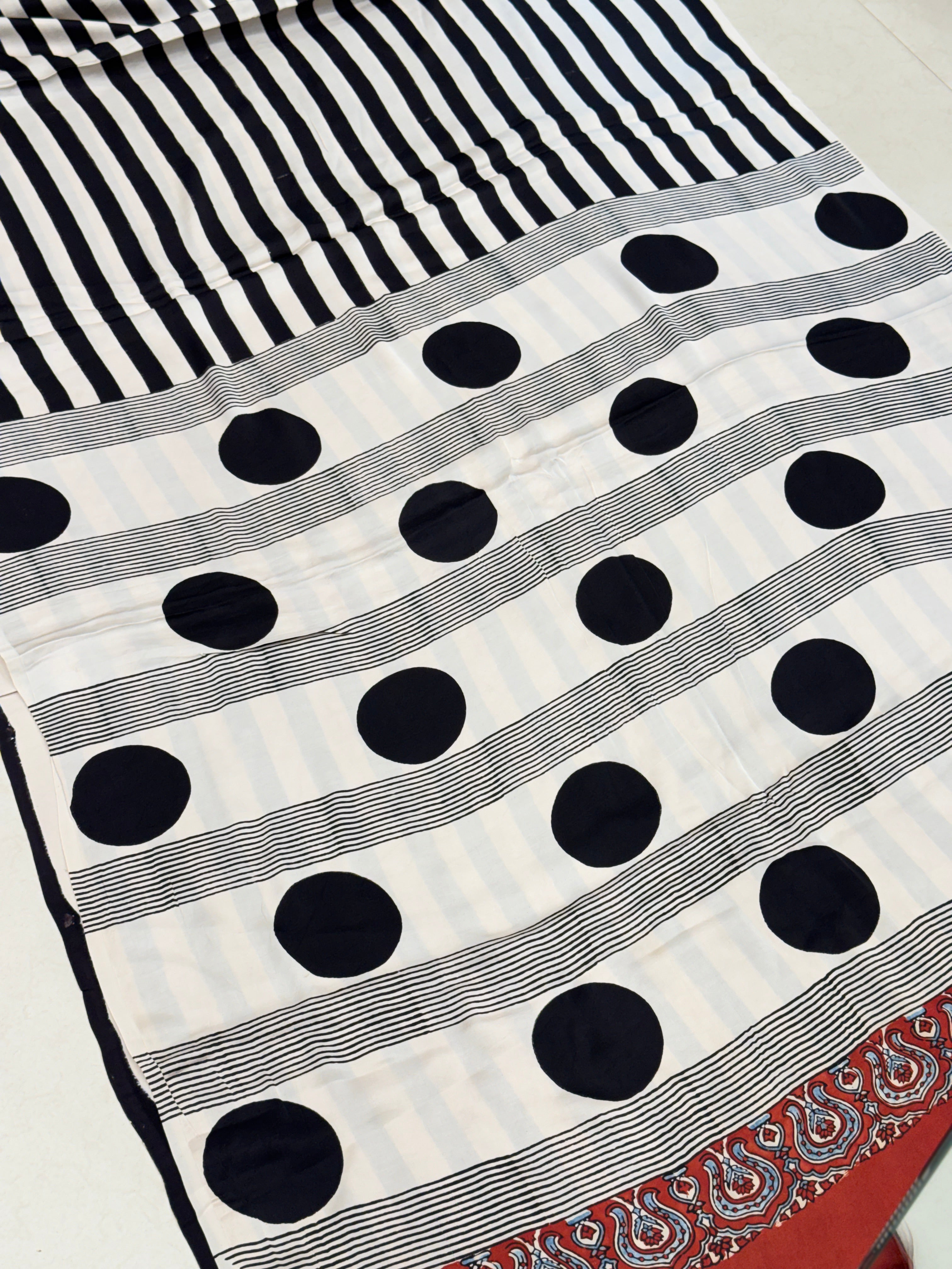 Black and White Contemporary Ajrakh Hand Block Print Pure Gajji Silk Saree