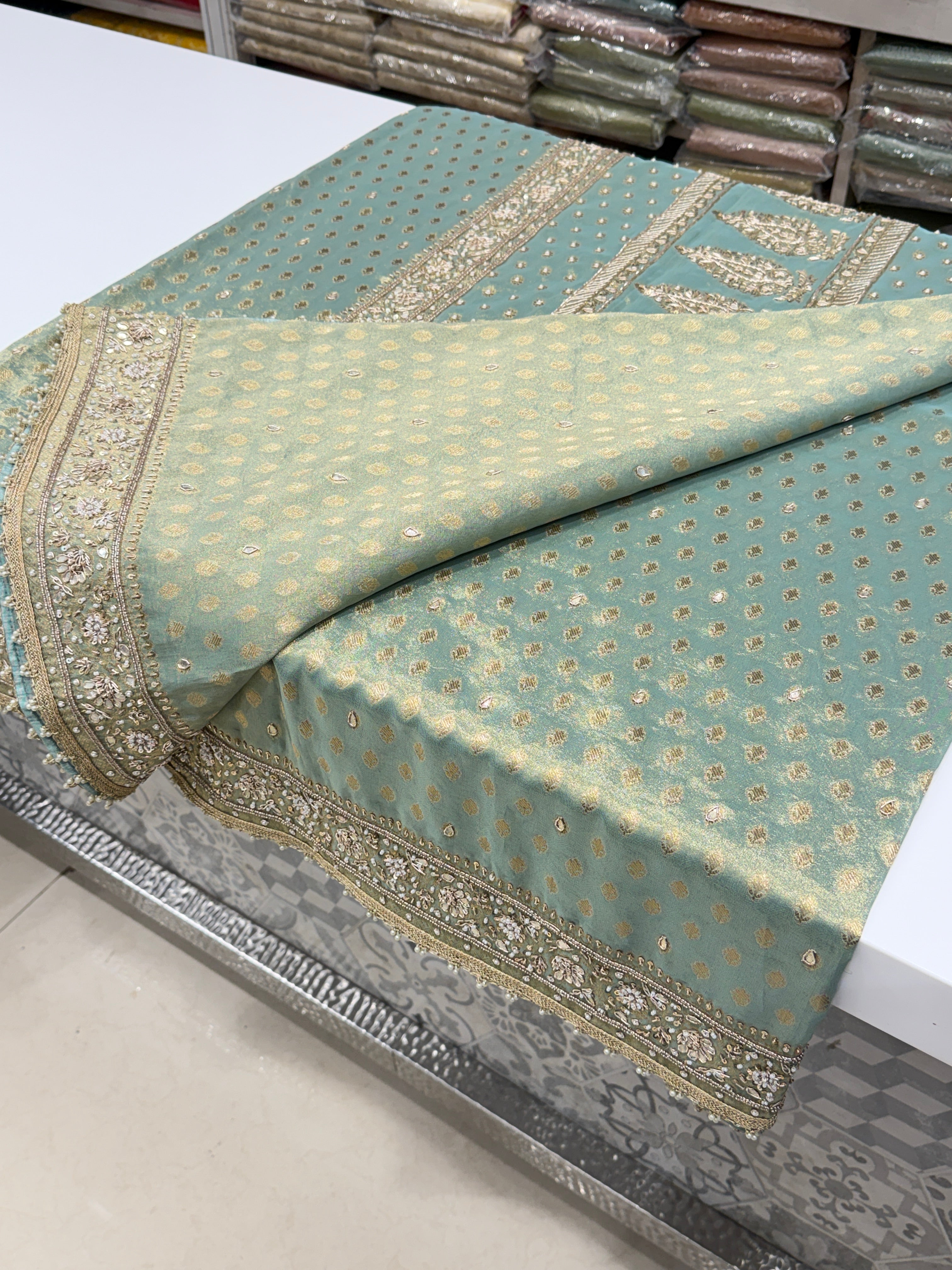 Sea Green Tissue Banarasi Buttis Zardosi Embroidery Saree