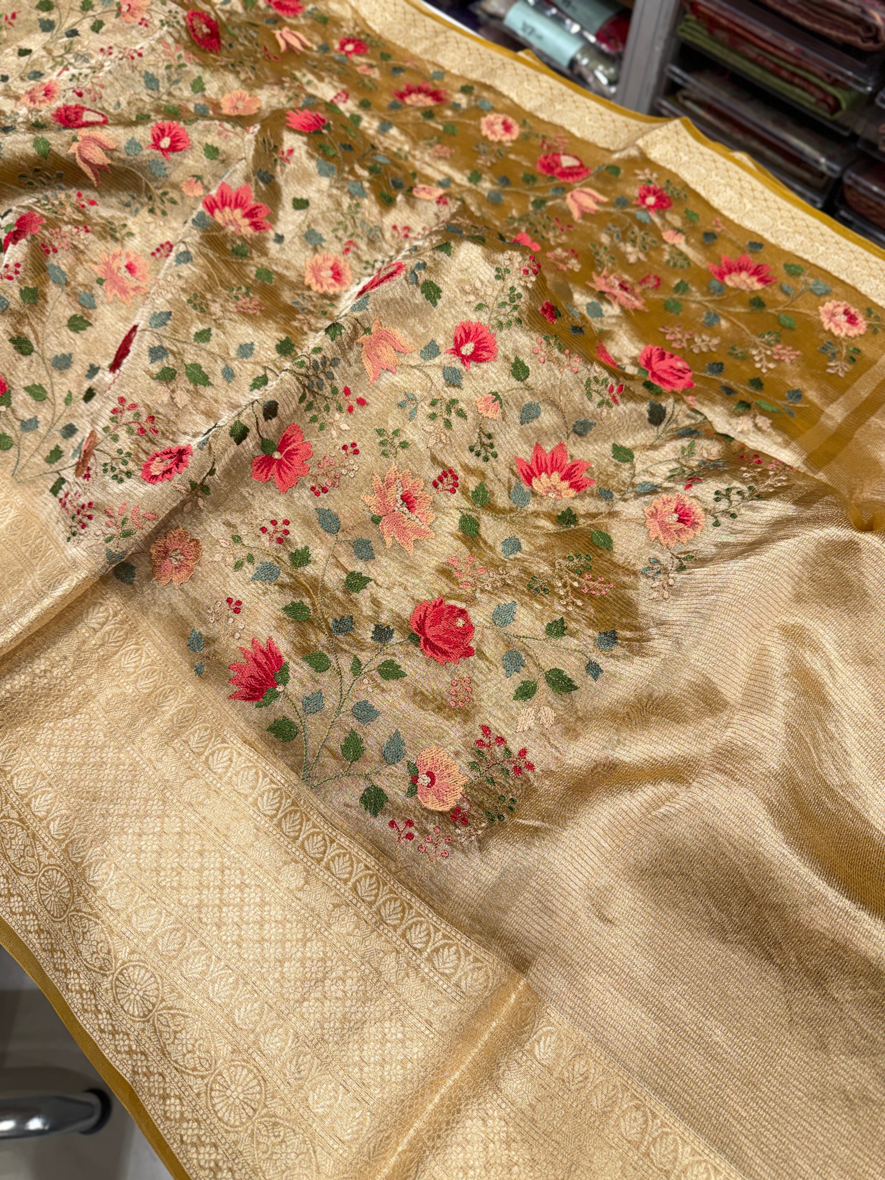 Yellow Zari Tissue Resham Embroidery Saree