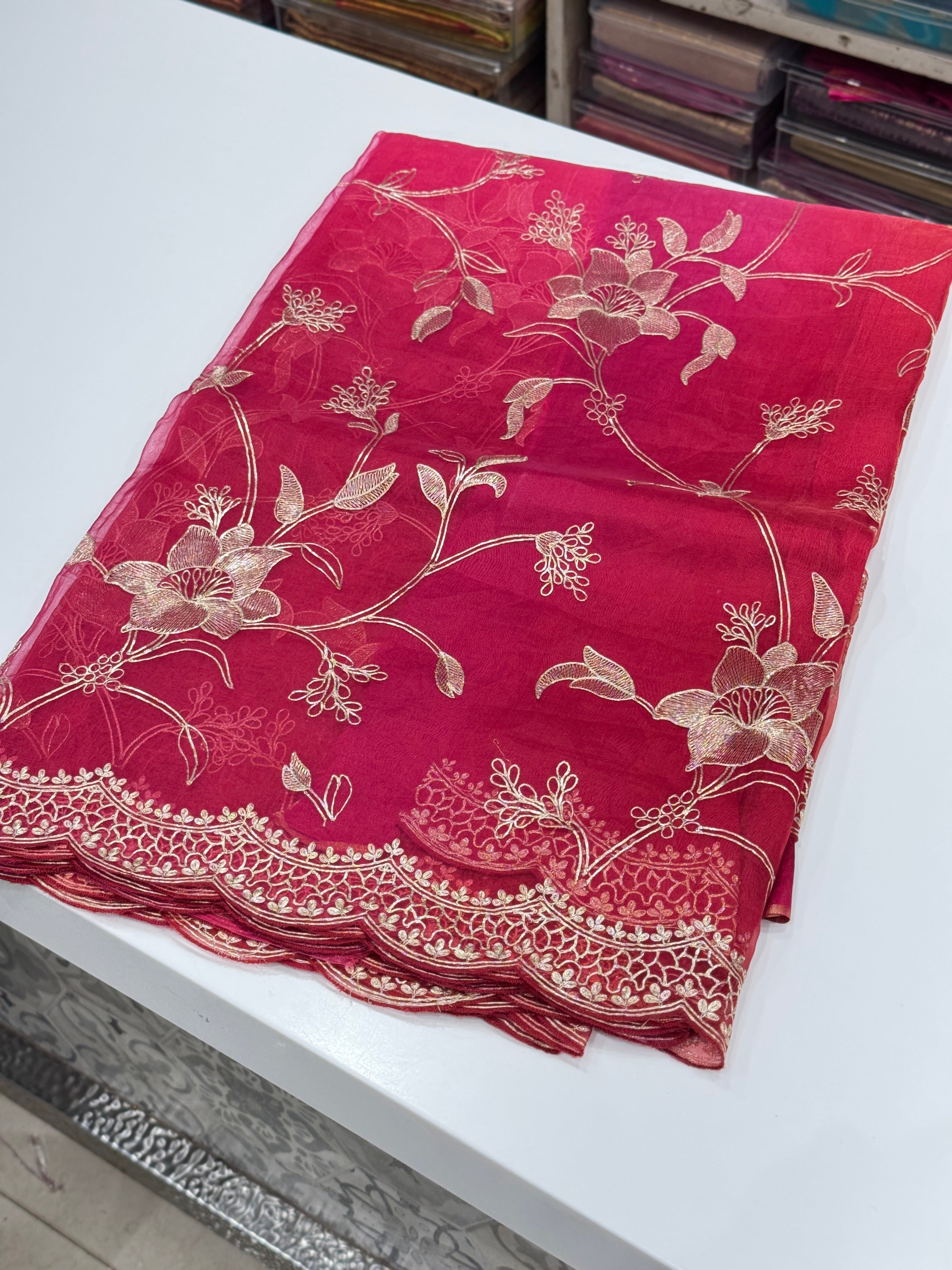 Rani Shaded Orange Handloom Pure Organza Pita Embroidery Saree