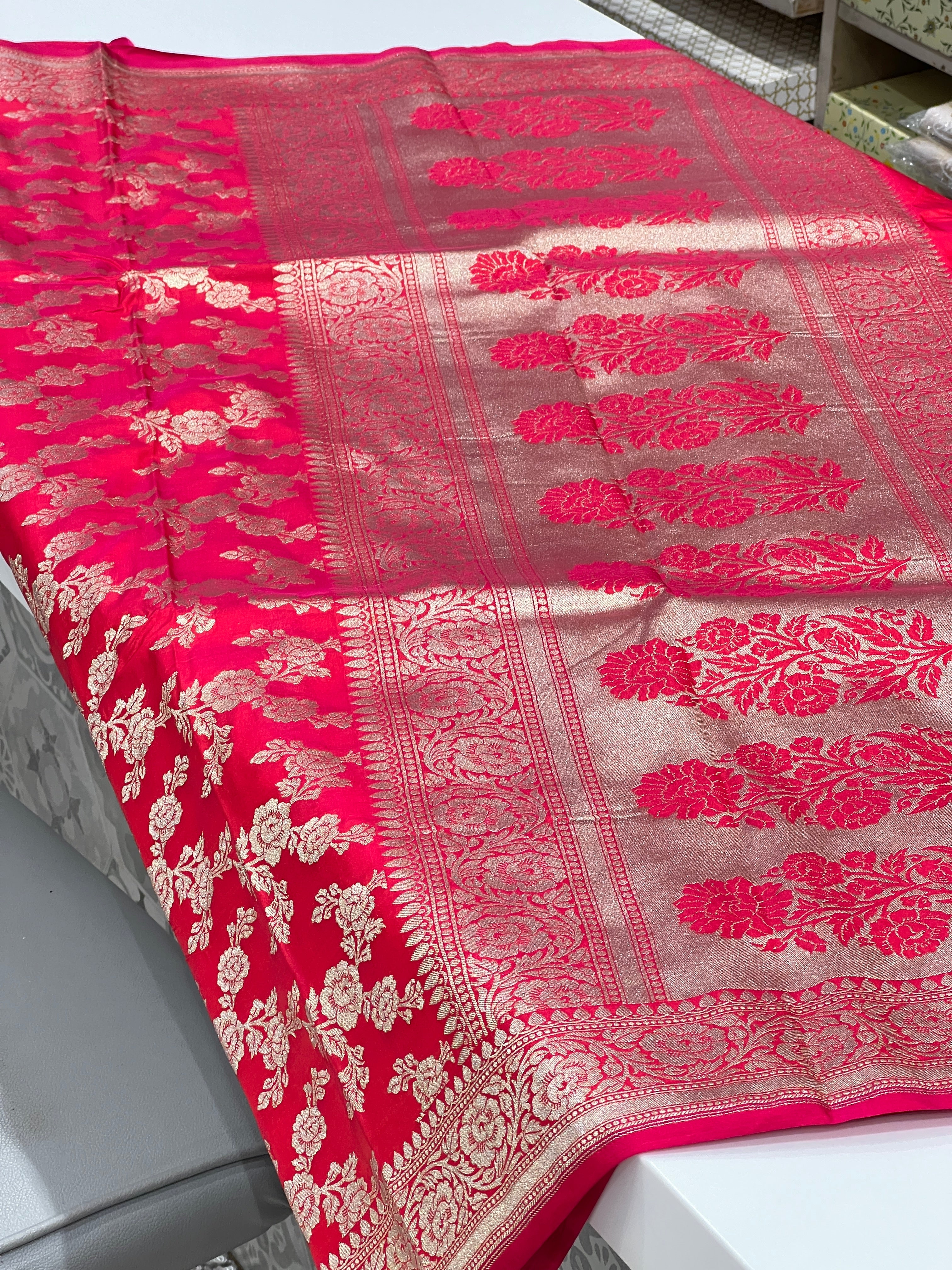 Pink Banarasi Silk Rose Jaal Saree