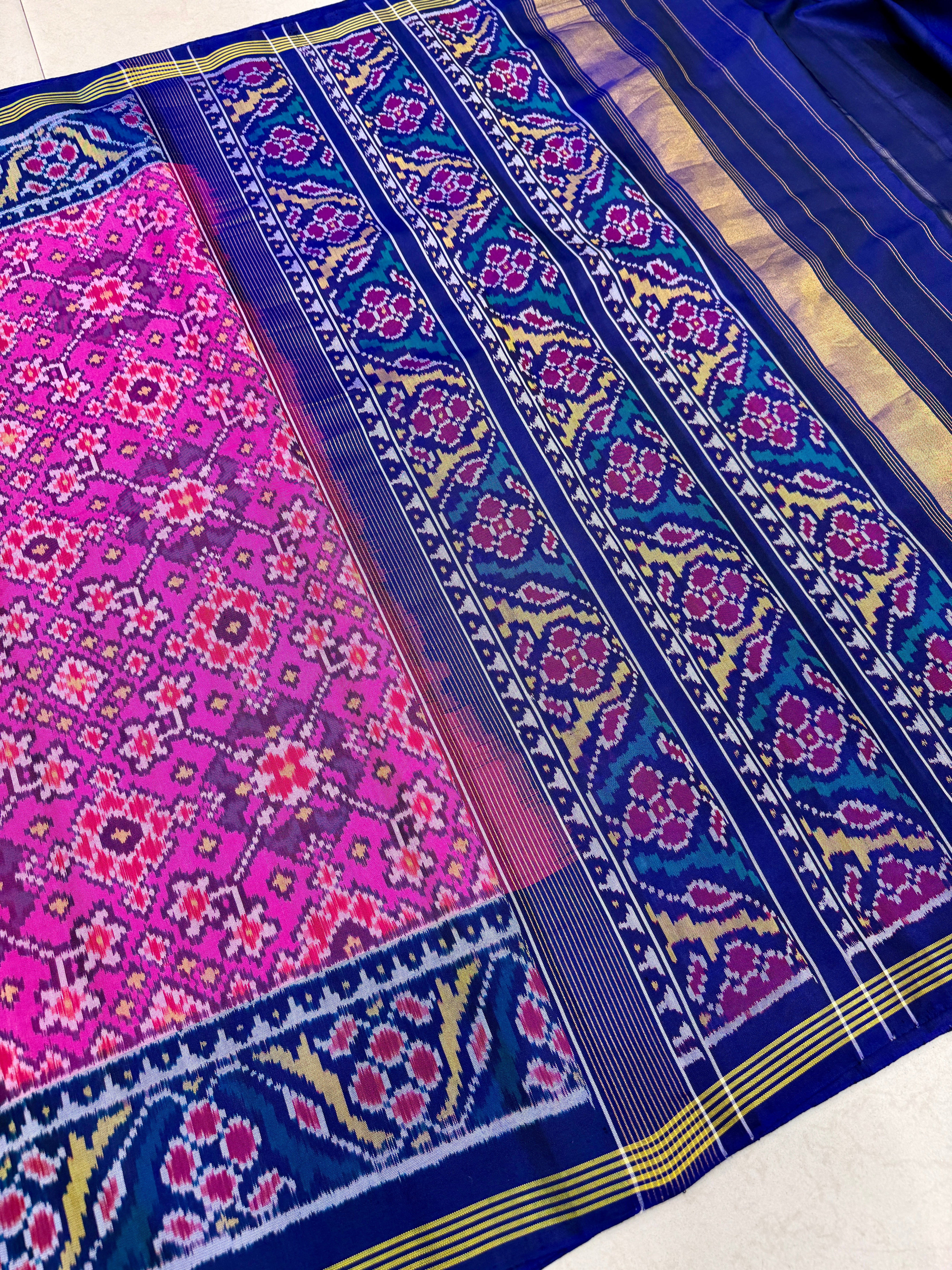 Rani Pink Blue Manek Chowk Pure Silk Handloom Patola Saree