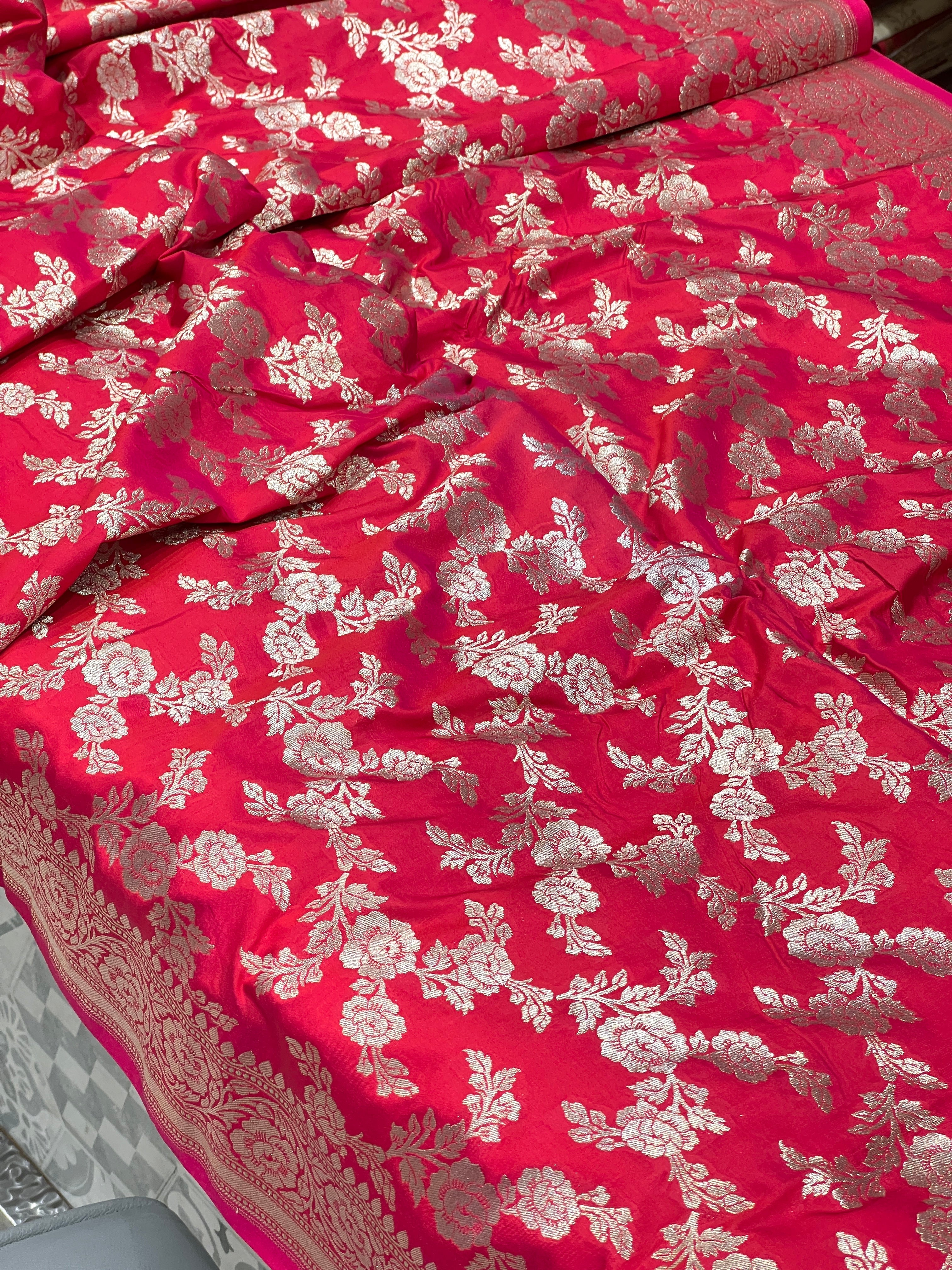 Pink Banarasi Silk Rose Jaal Saree