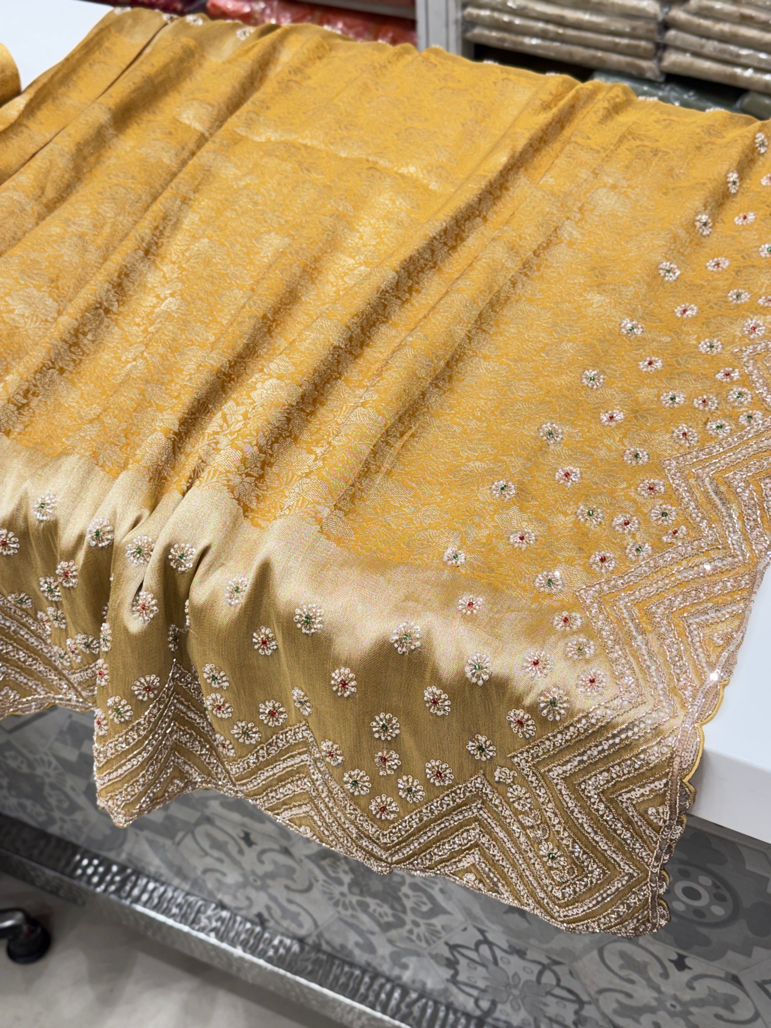Yellow Floral Weave Soft Silk Moti Crystal Embroidery Saree