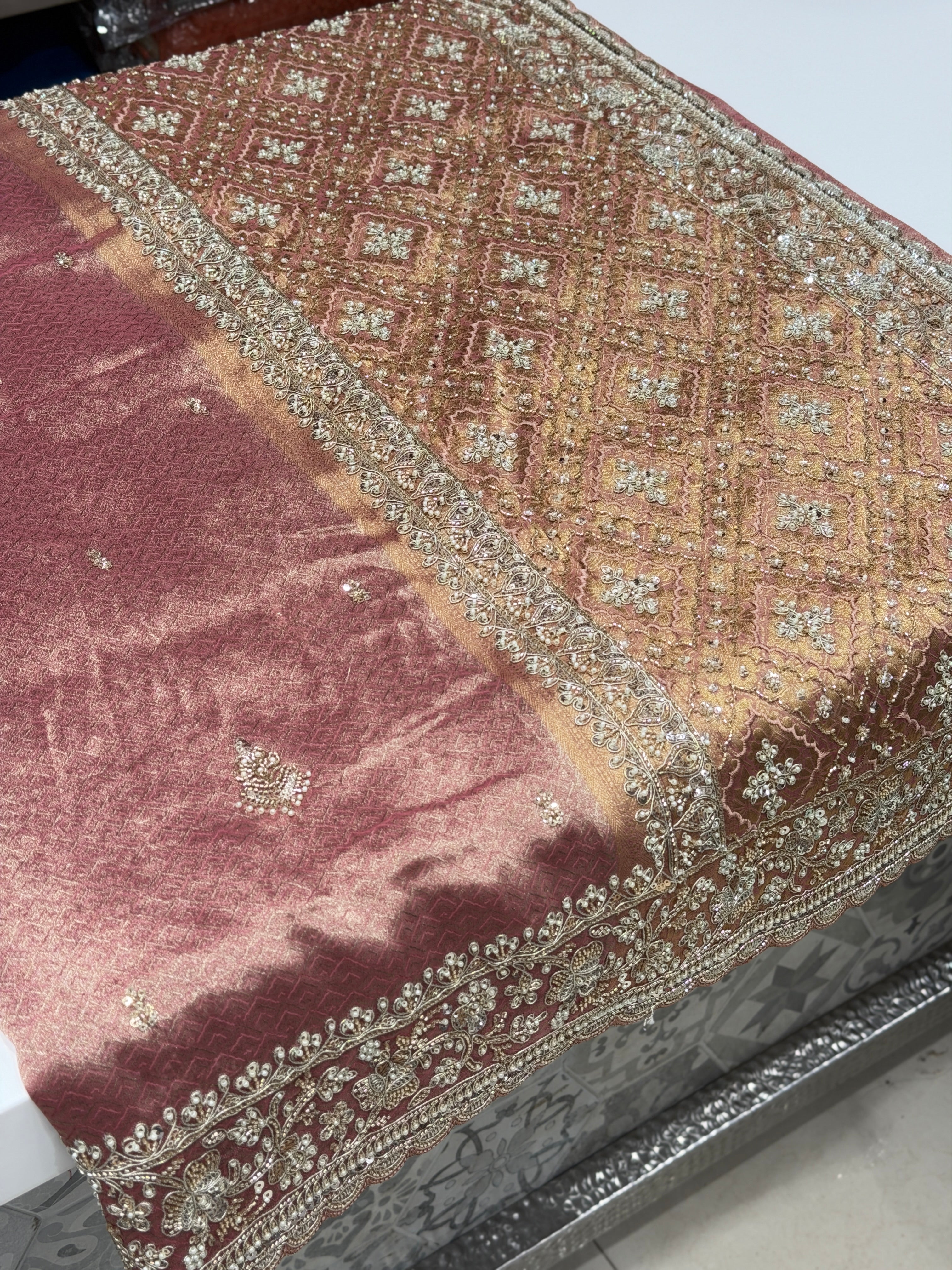 Light Pink Crepe Tissue Weaved Moti Cutana Embroidery Saree