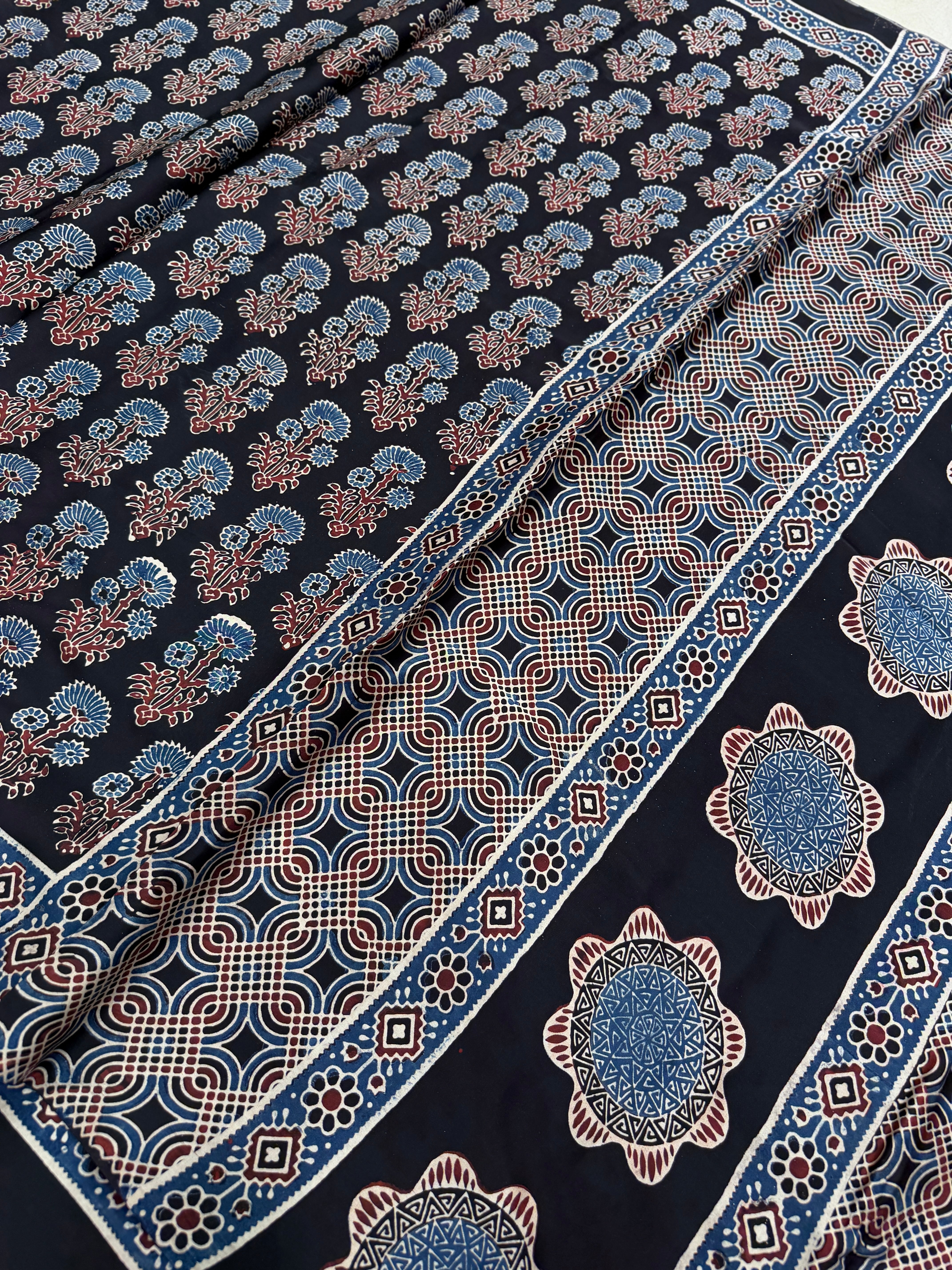 Black Floral Butta Ajrakh Hand Block Print Pure Gajji Silk Saree