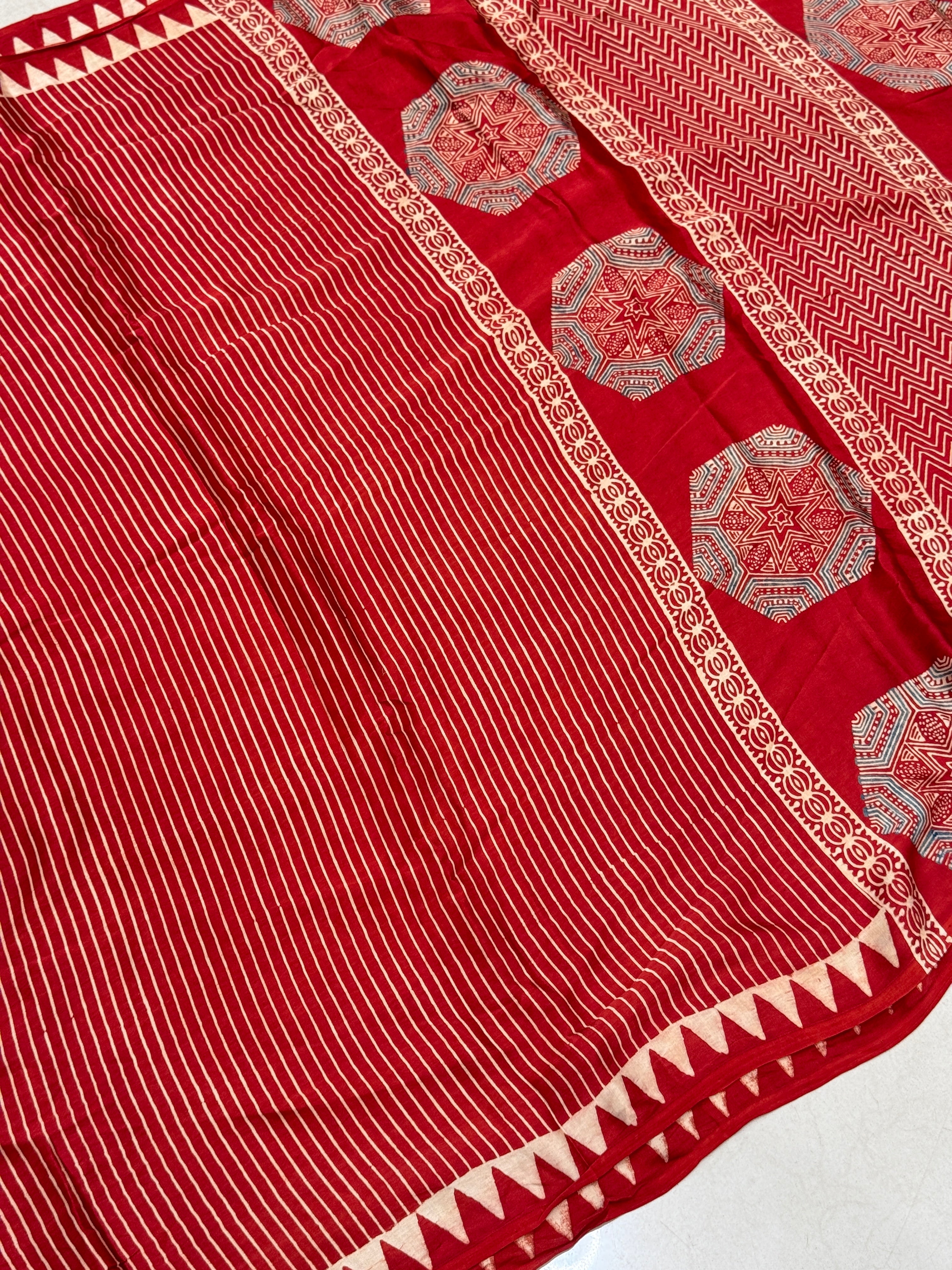Red Hexa Butta Pallu Ajrakh Hand Block Print Pure Gajji Silk Saree