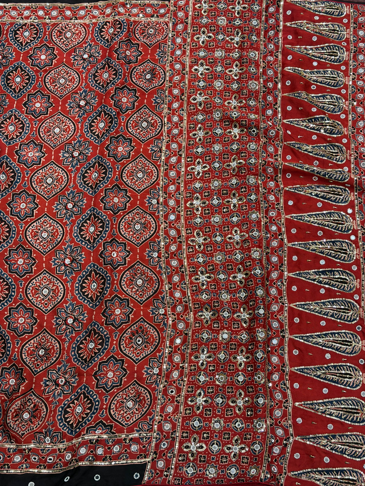 Red Badam Jaal Ajrakh Real Mirror Moti Sequin Hand Embroidery Saree