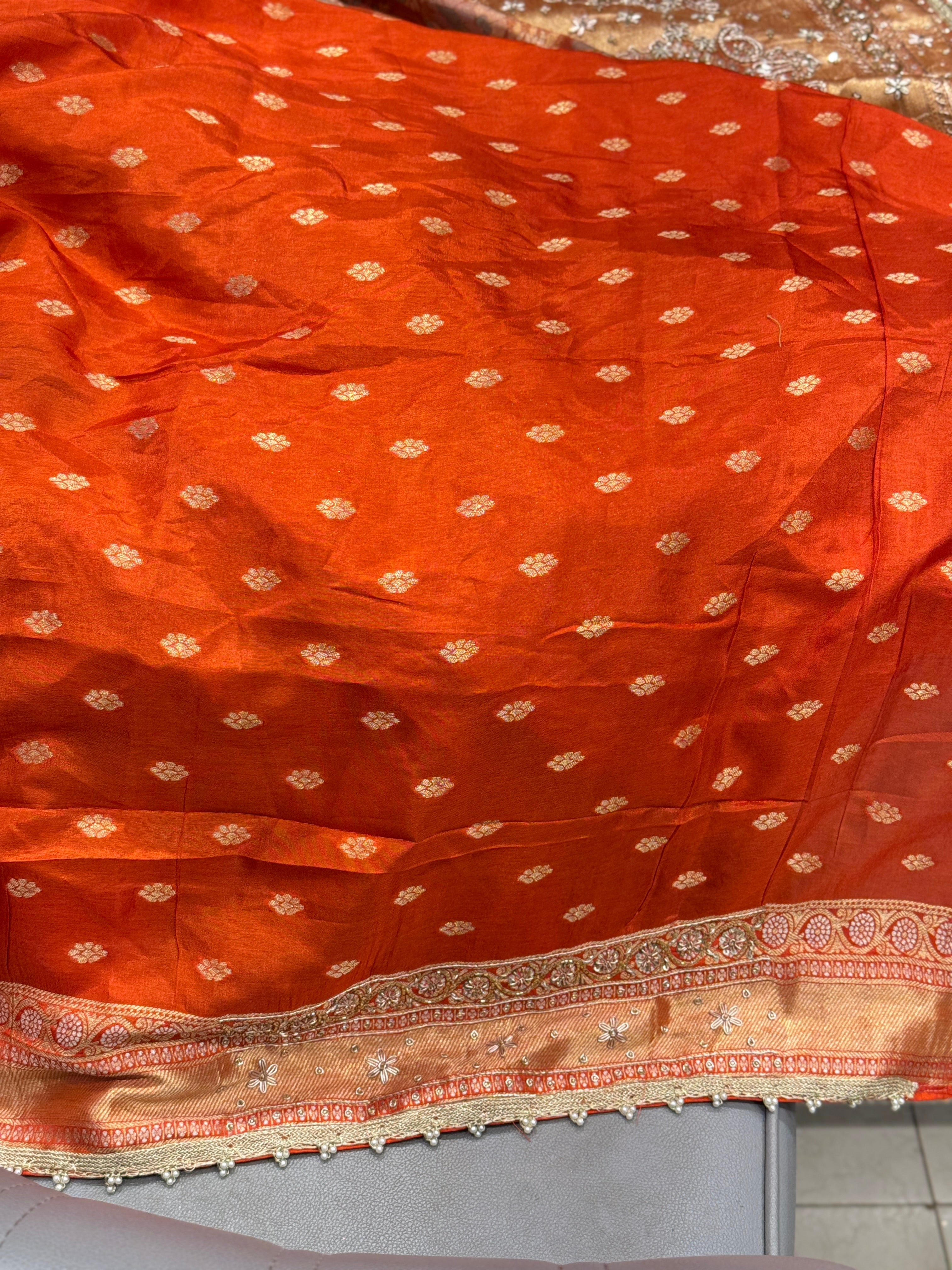 Rust Orange Meenakari Tissue Zardosi Embroidery Saree