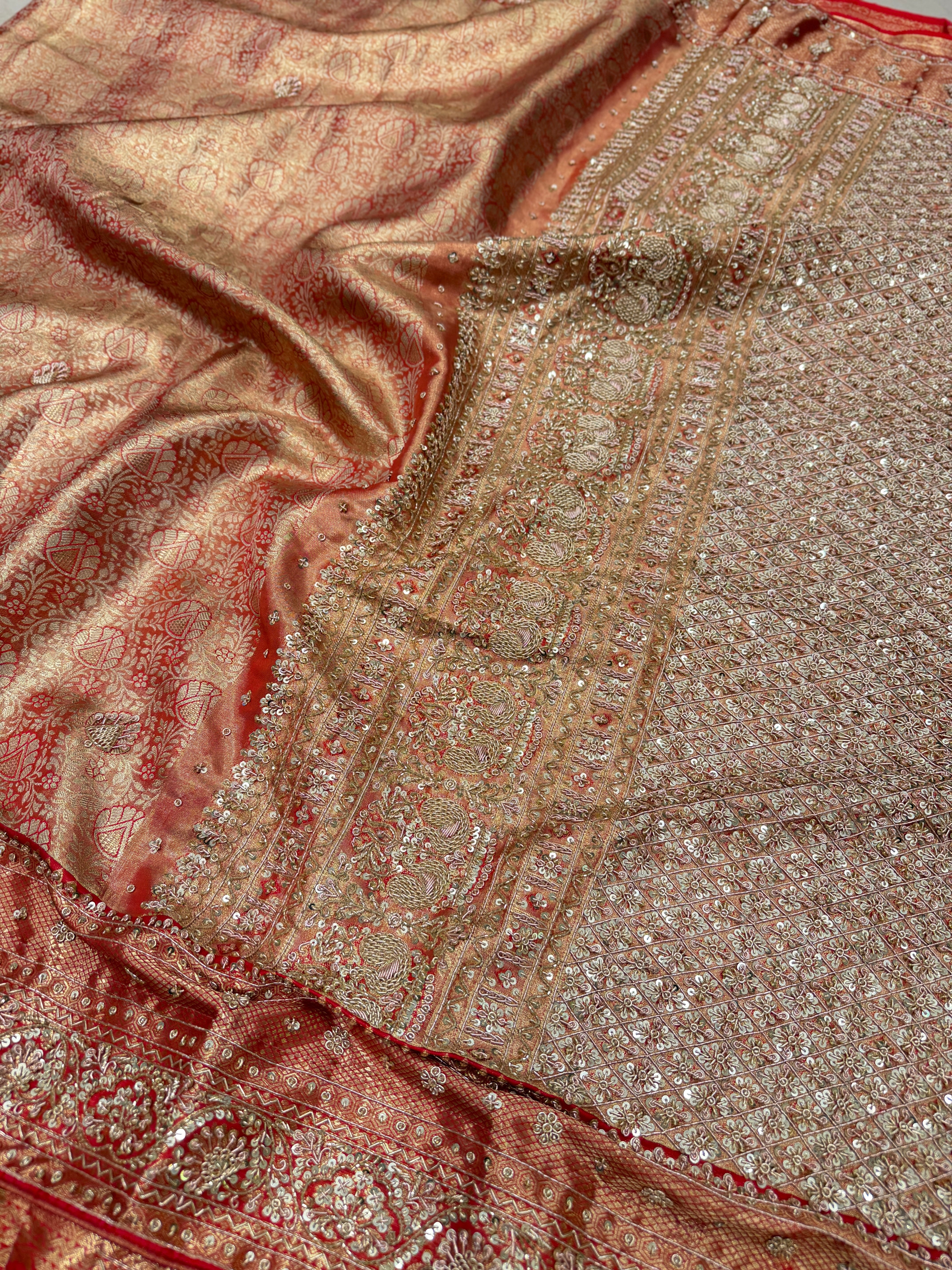 Gold Red Tissue Zardosi Kanjivaram Hand Embroidery Saree