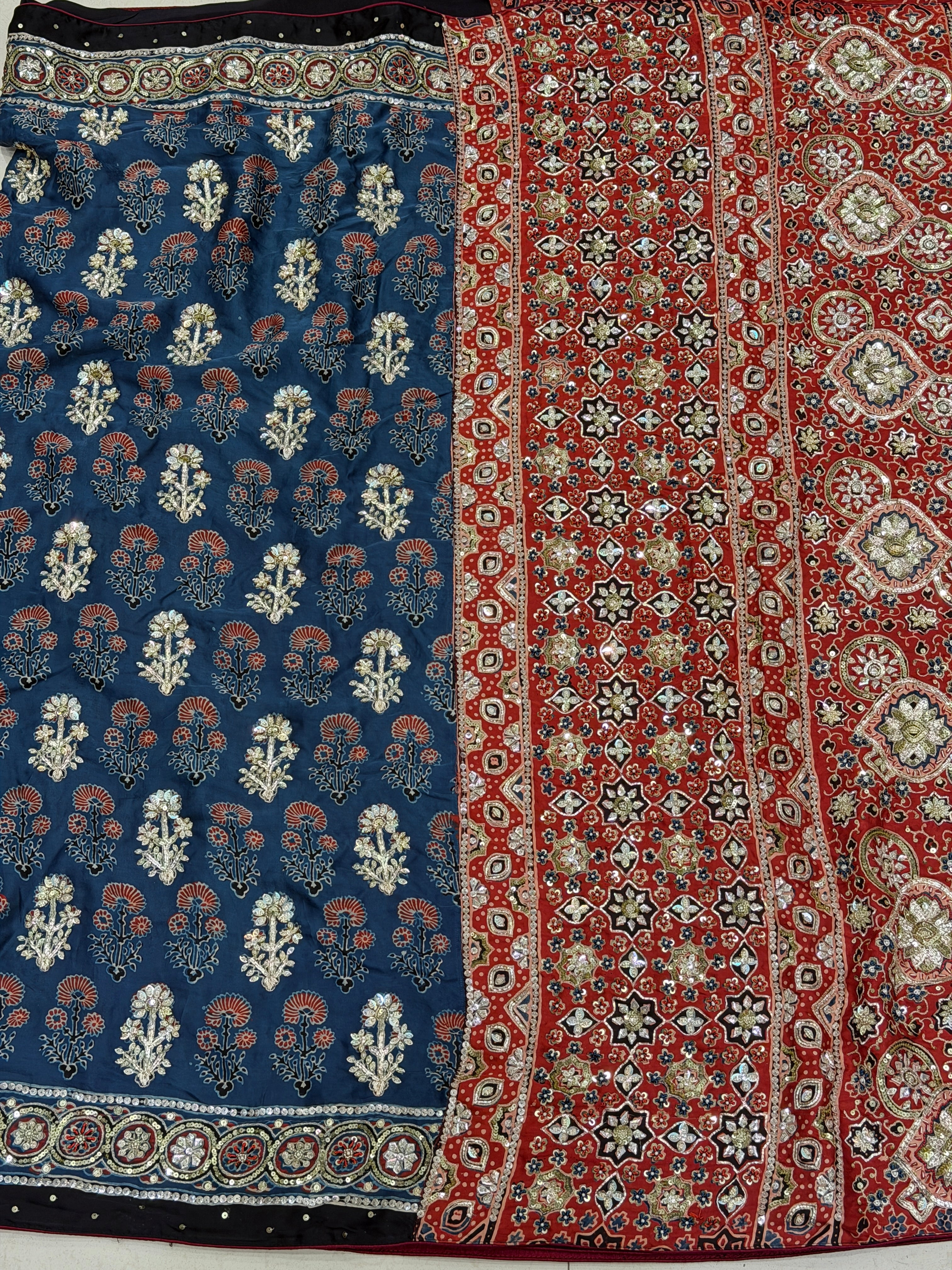 Blue Red Three Floral Butta Pita Zardosi Sequin Ajrakh Hand Embroidery Saree