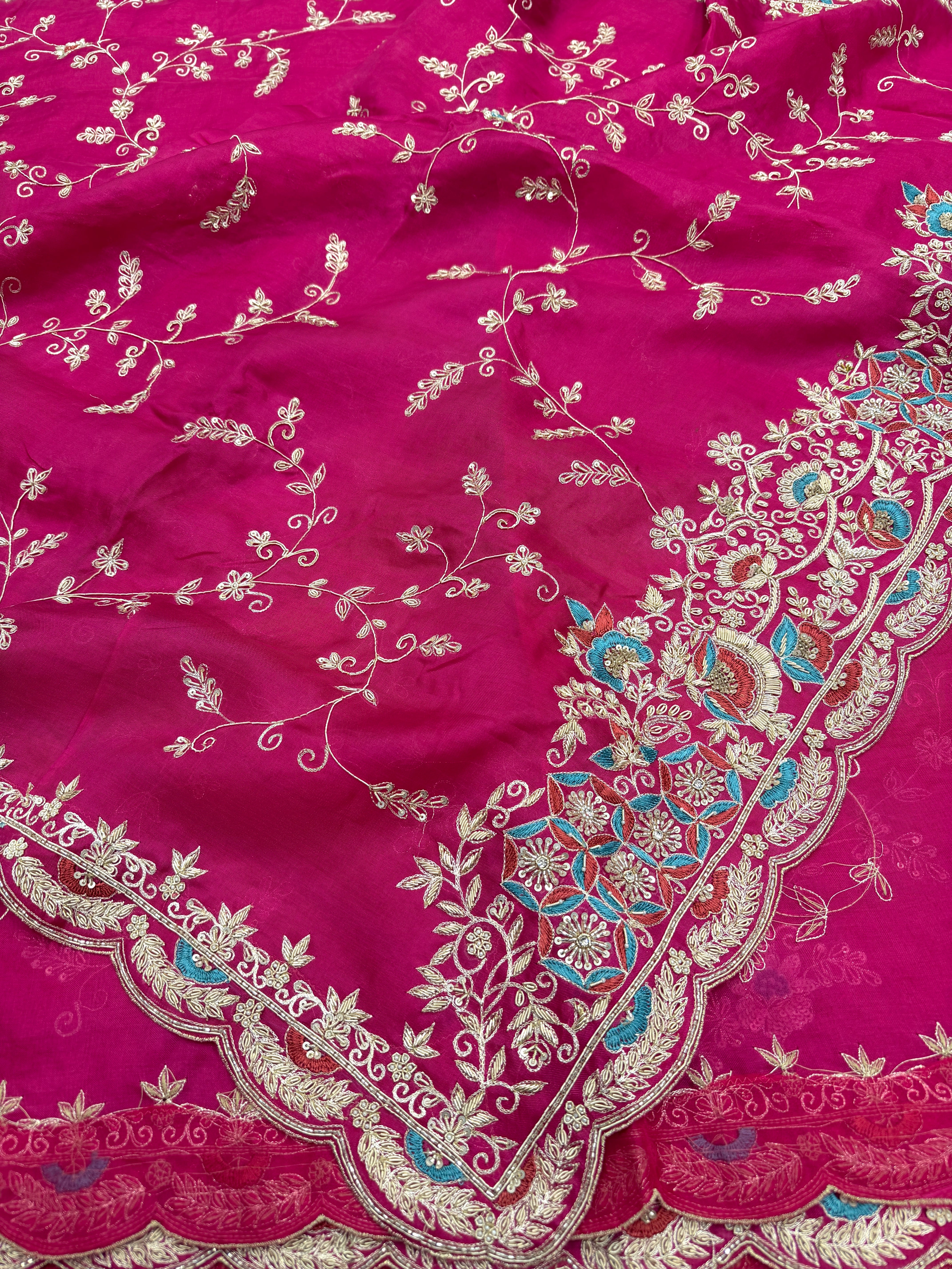Rani Pink Organza Zardosi Resham Jaal Hand Embroidery Saree