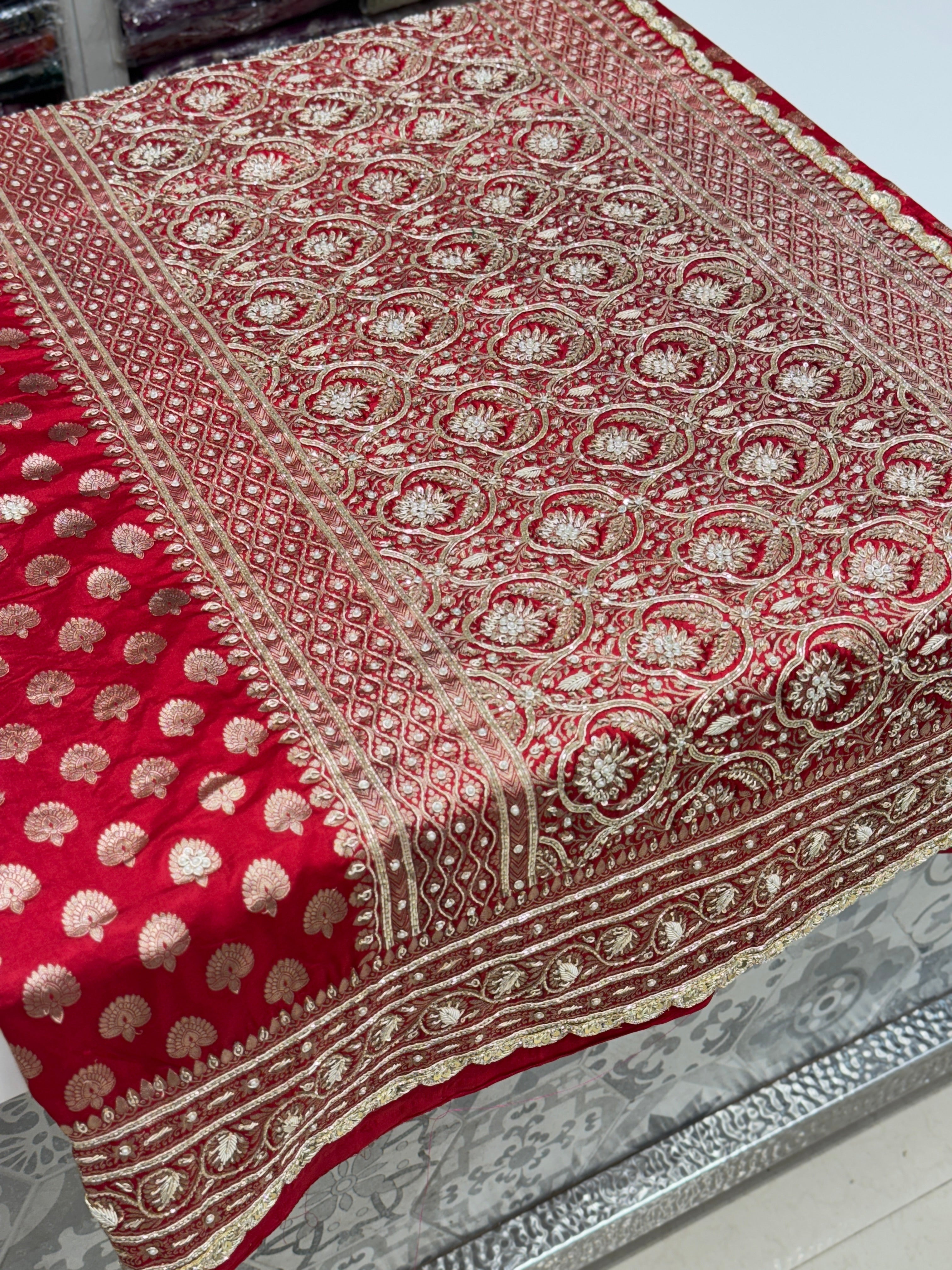Red Buttis Handloom Banarasi Pure Katan Zardosi Embroidery Saree
