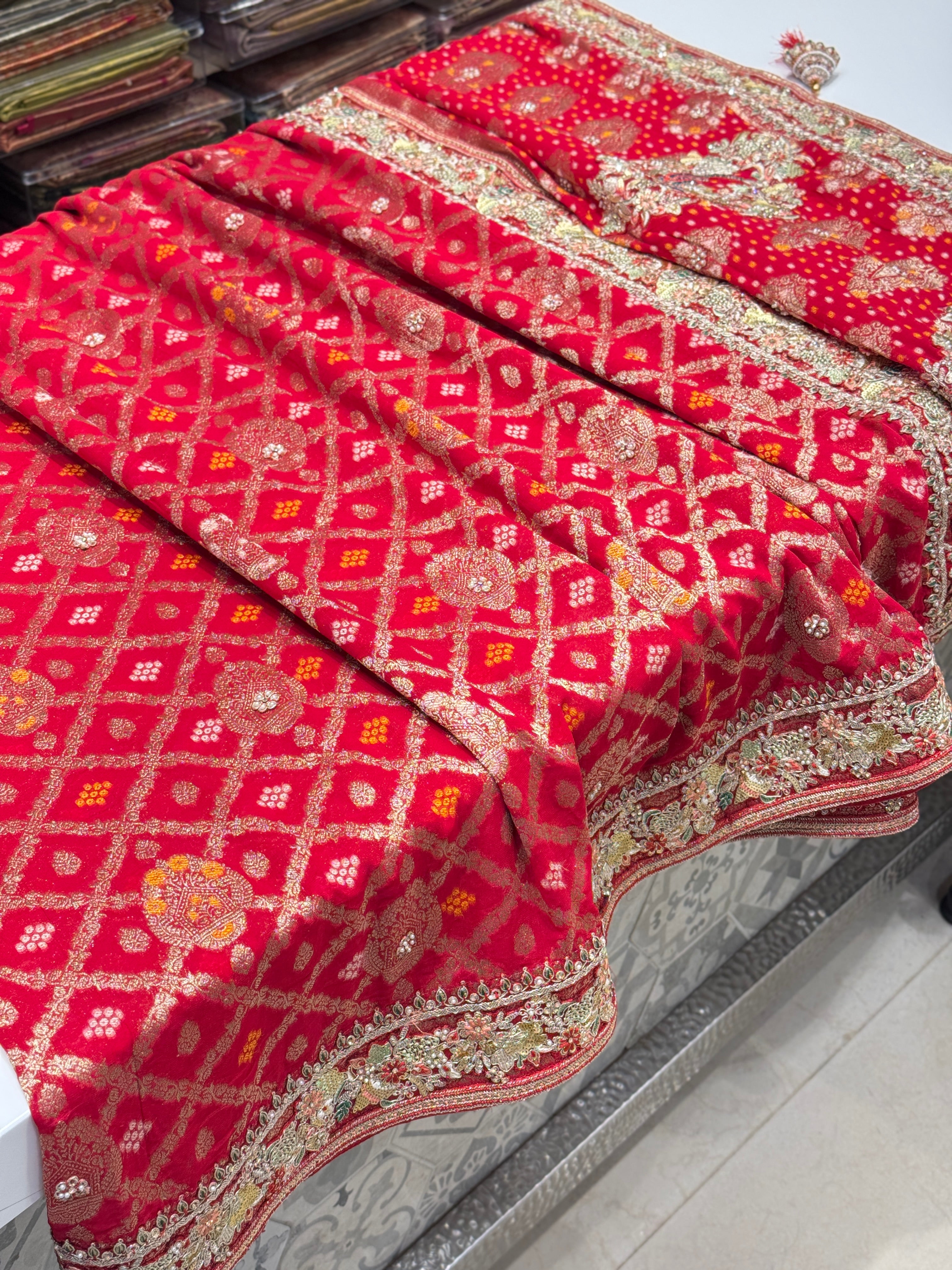 Red Gharchola Floral Embroidered Border Saree
