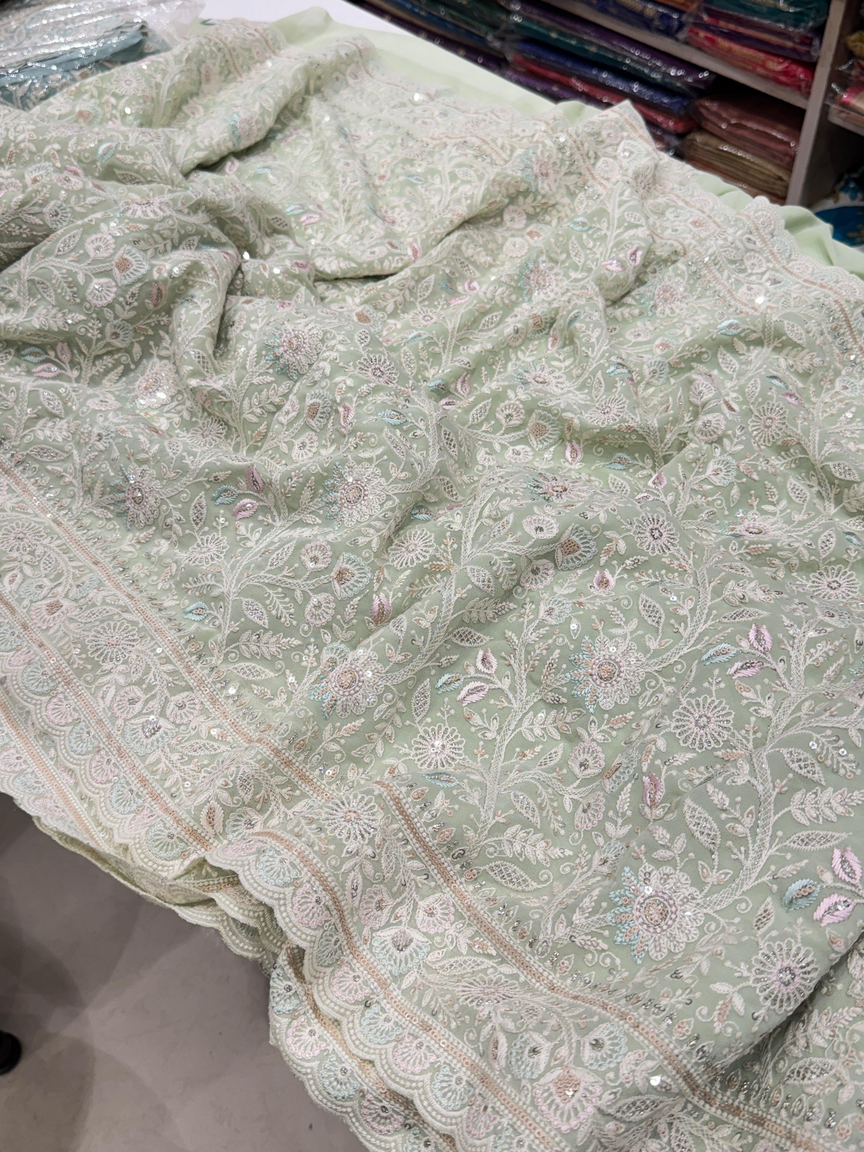 Pista Green Meenakari Chikankari Scallop Design Saree