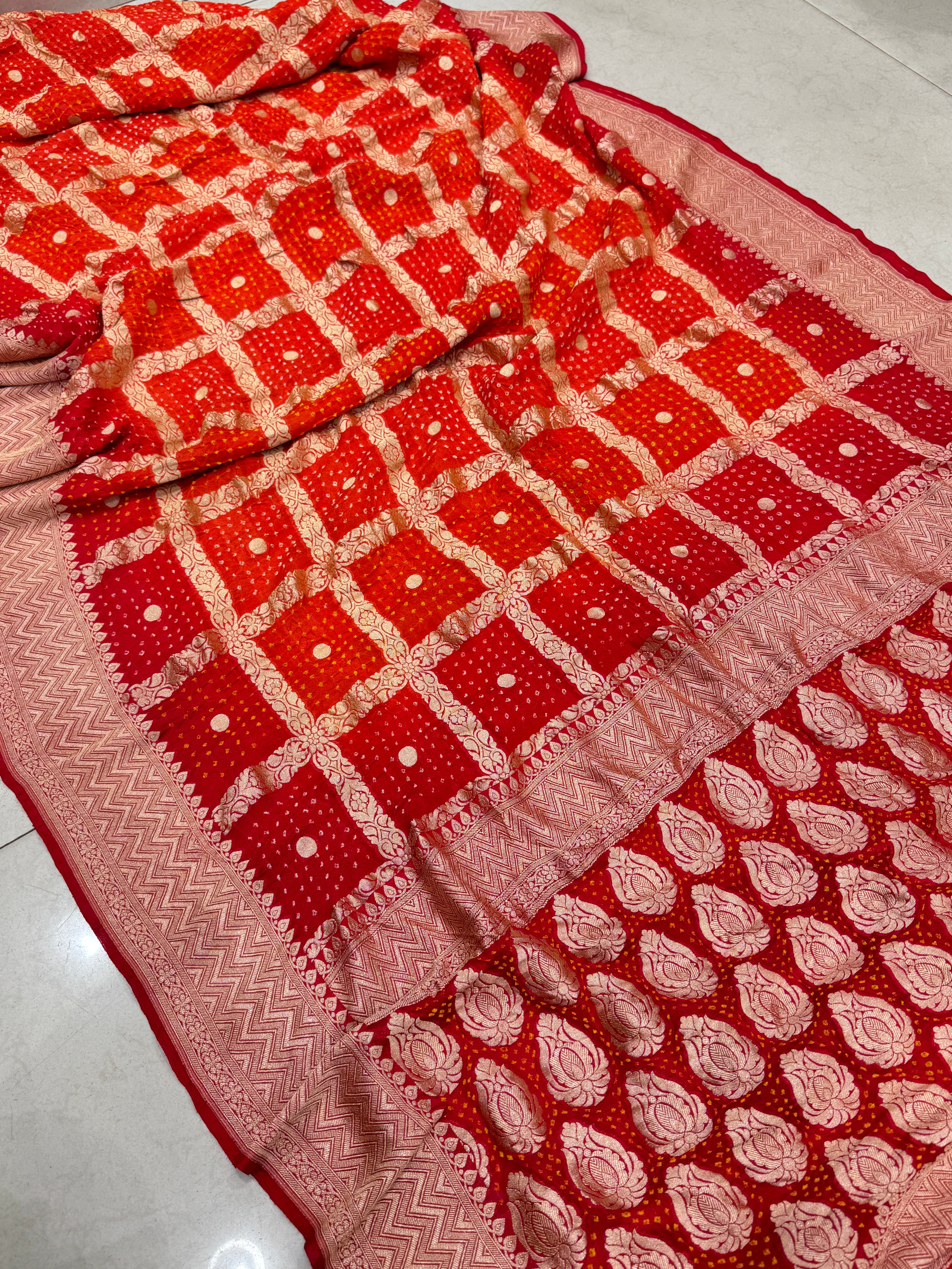 Orange Red Shaded Bandhej Bandhini Saree