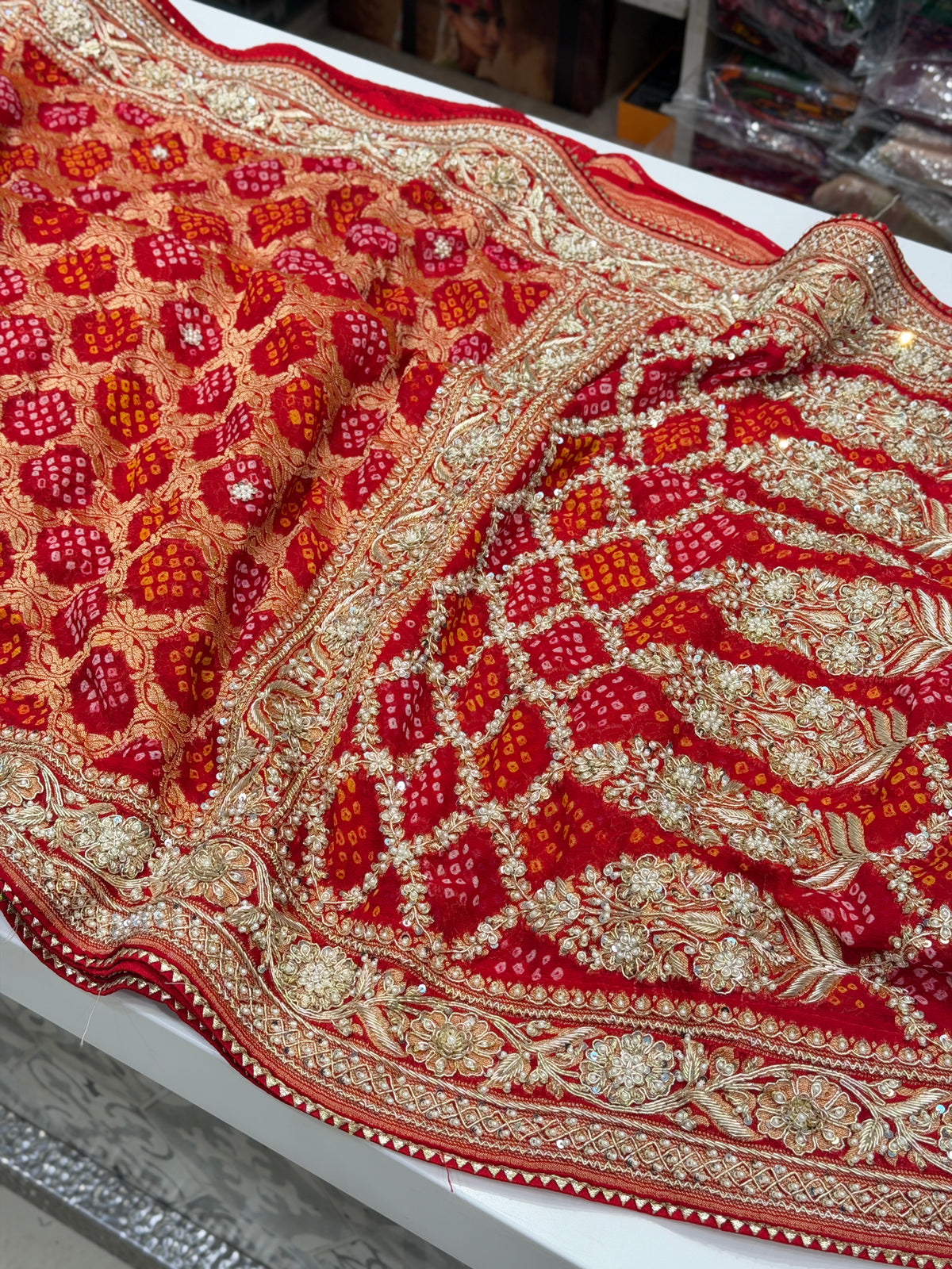 Red Rai Bandhej Georgette Saree Zardosi Hand Embroidery Saree