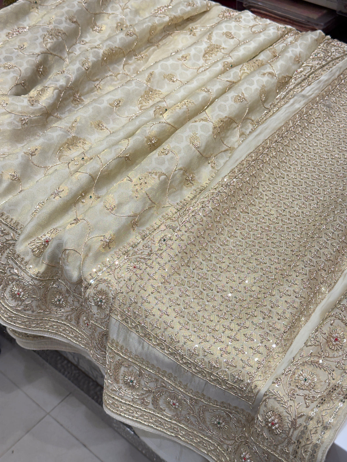 Beige Banarasi Crepe Tissue Zardodi Jaal Hand Embroidery Saree