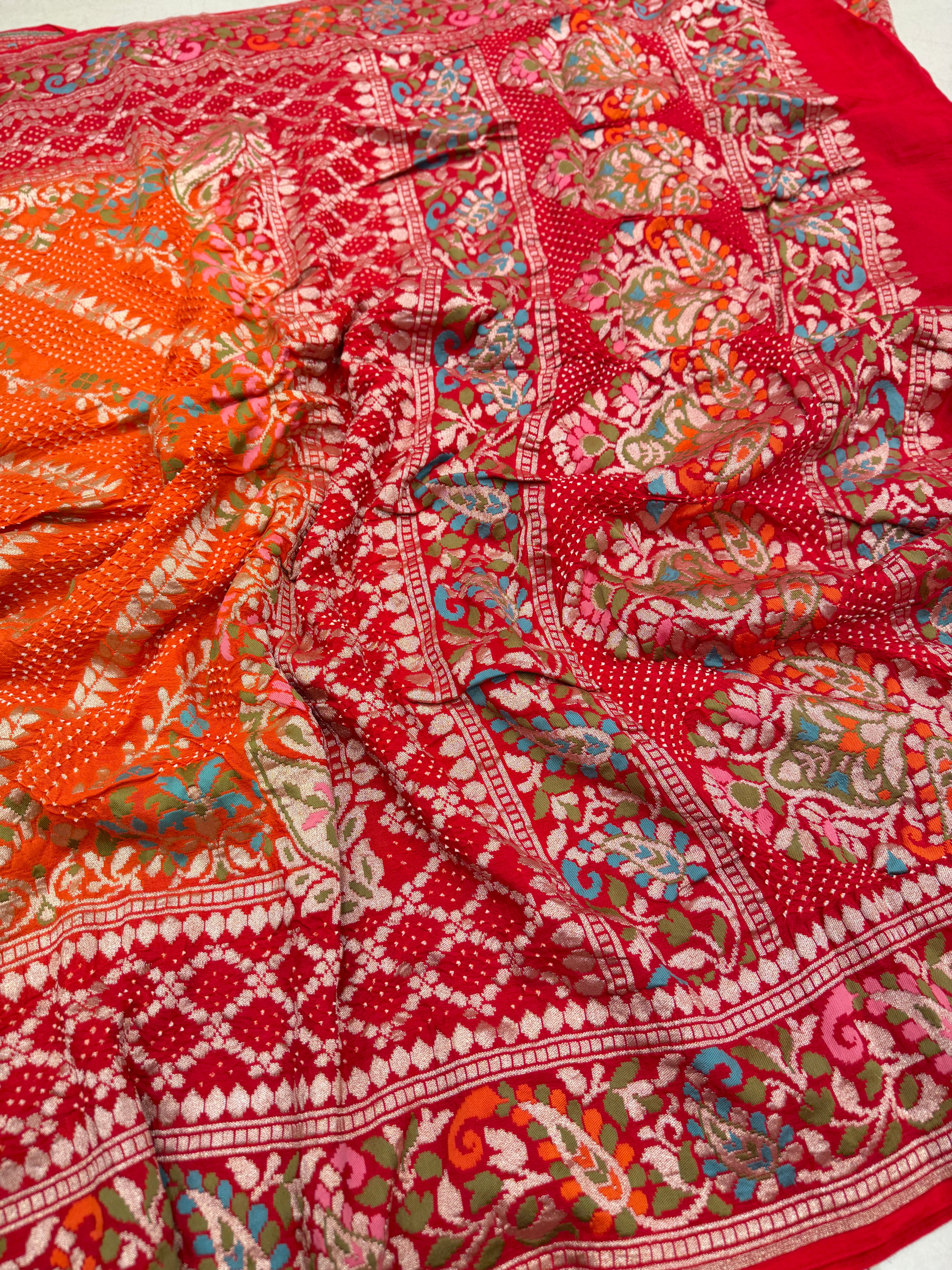 Orange Red Shaded Pashmina Style Double Border Meenakari Rai Bandhej Georgette Saree