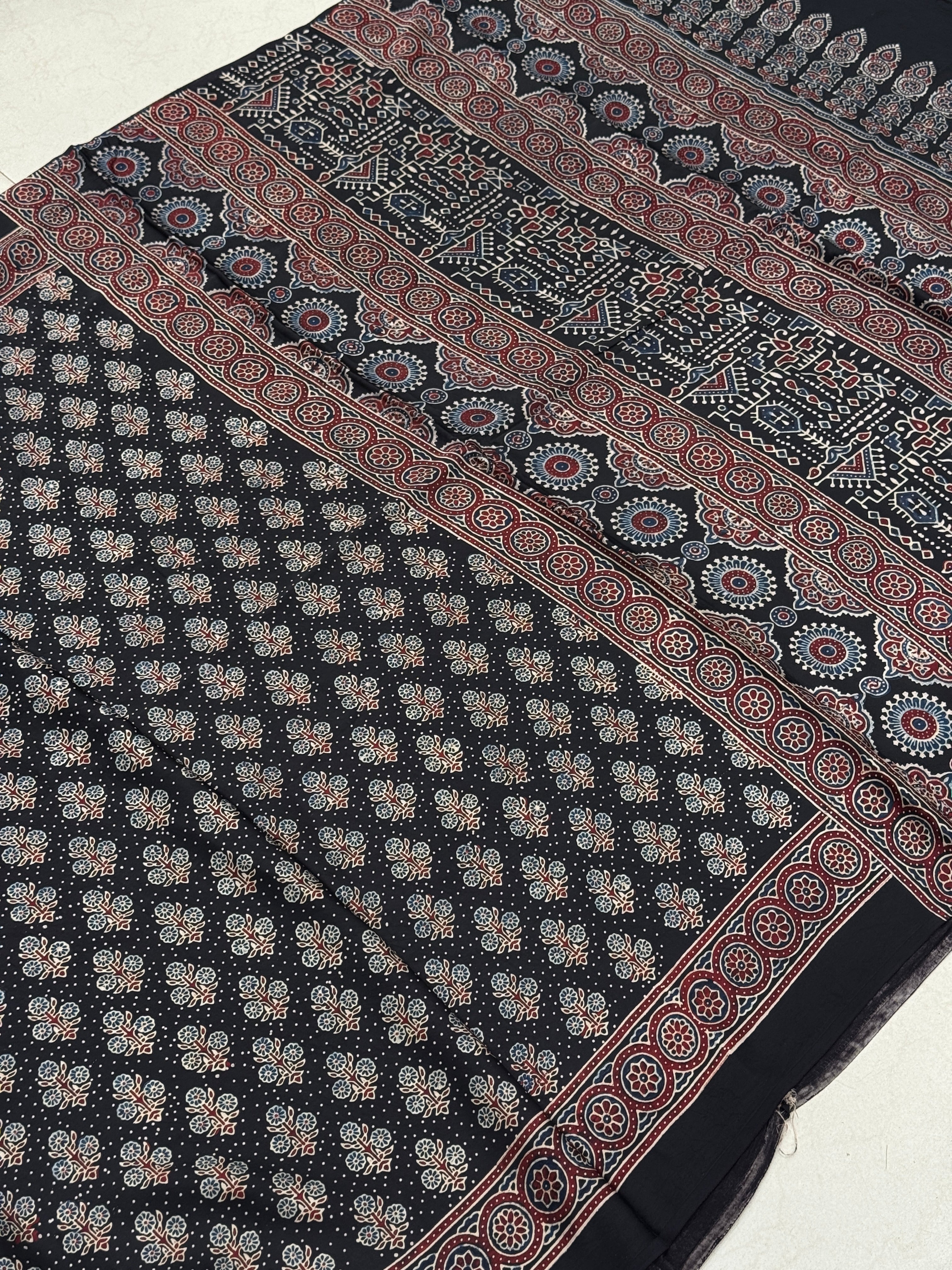 Black Floral Buttas Dot Style Hand Block Print Ajrkah Pure Gajji Silk Saree