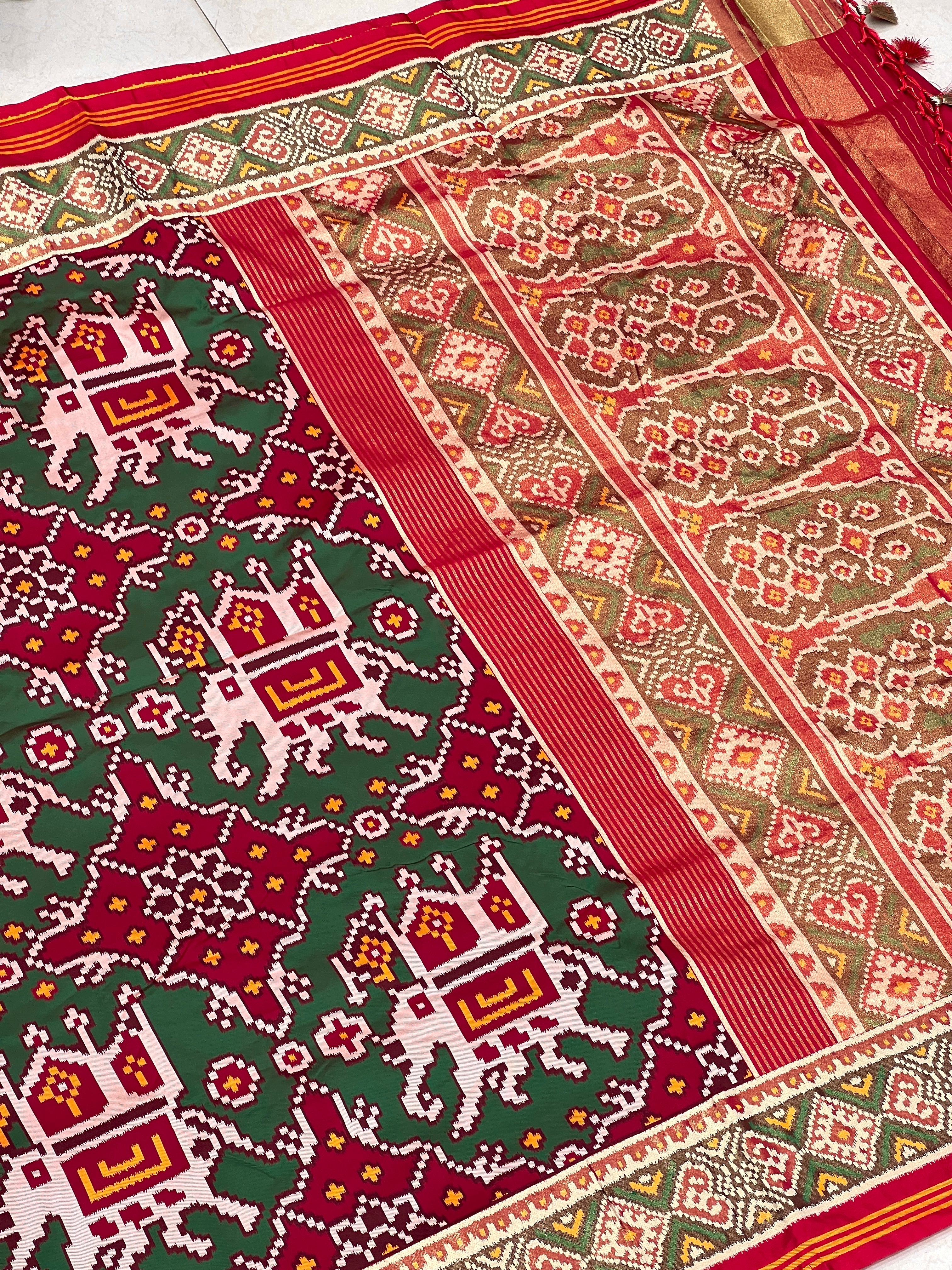 Maroon Green Chabdi Elephant Semi Silk Weaved Patan Patola Saree