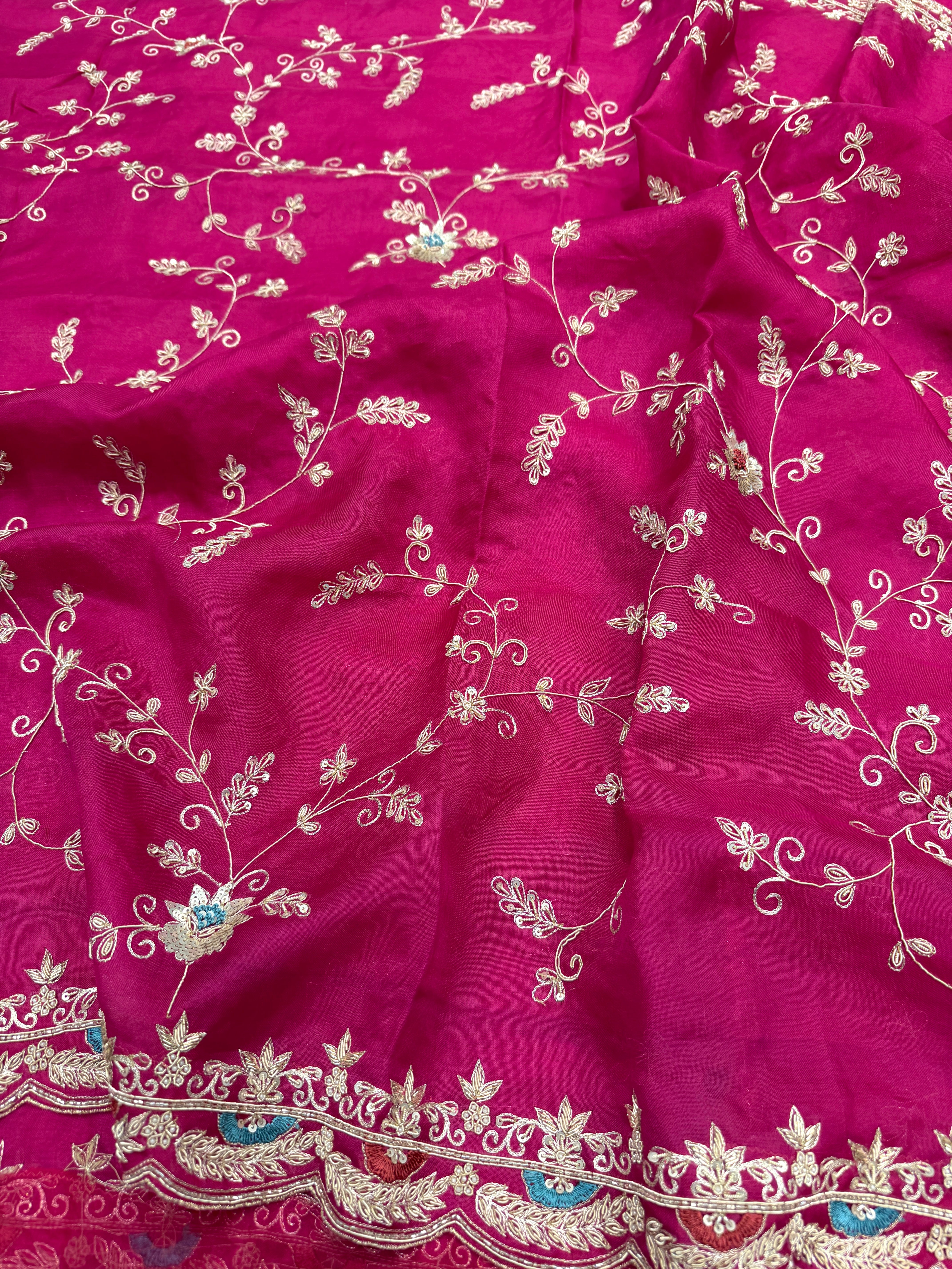 Rani Pink Organza Zardosi Resham Jaal Hand Embroidery Saree