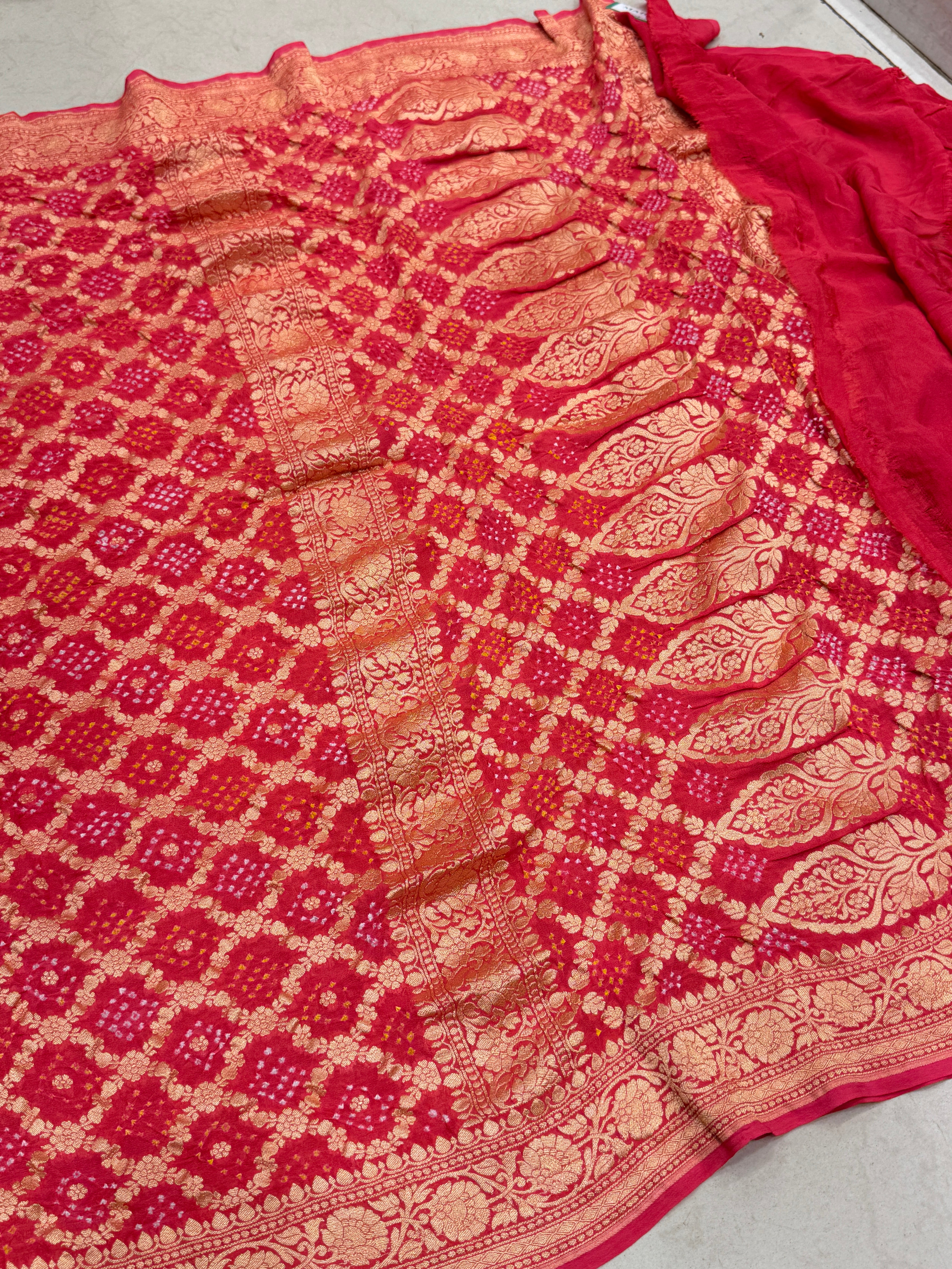 Peach Garnet Bandhej Bandhini Saree