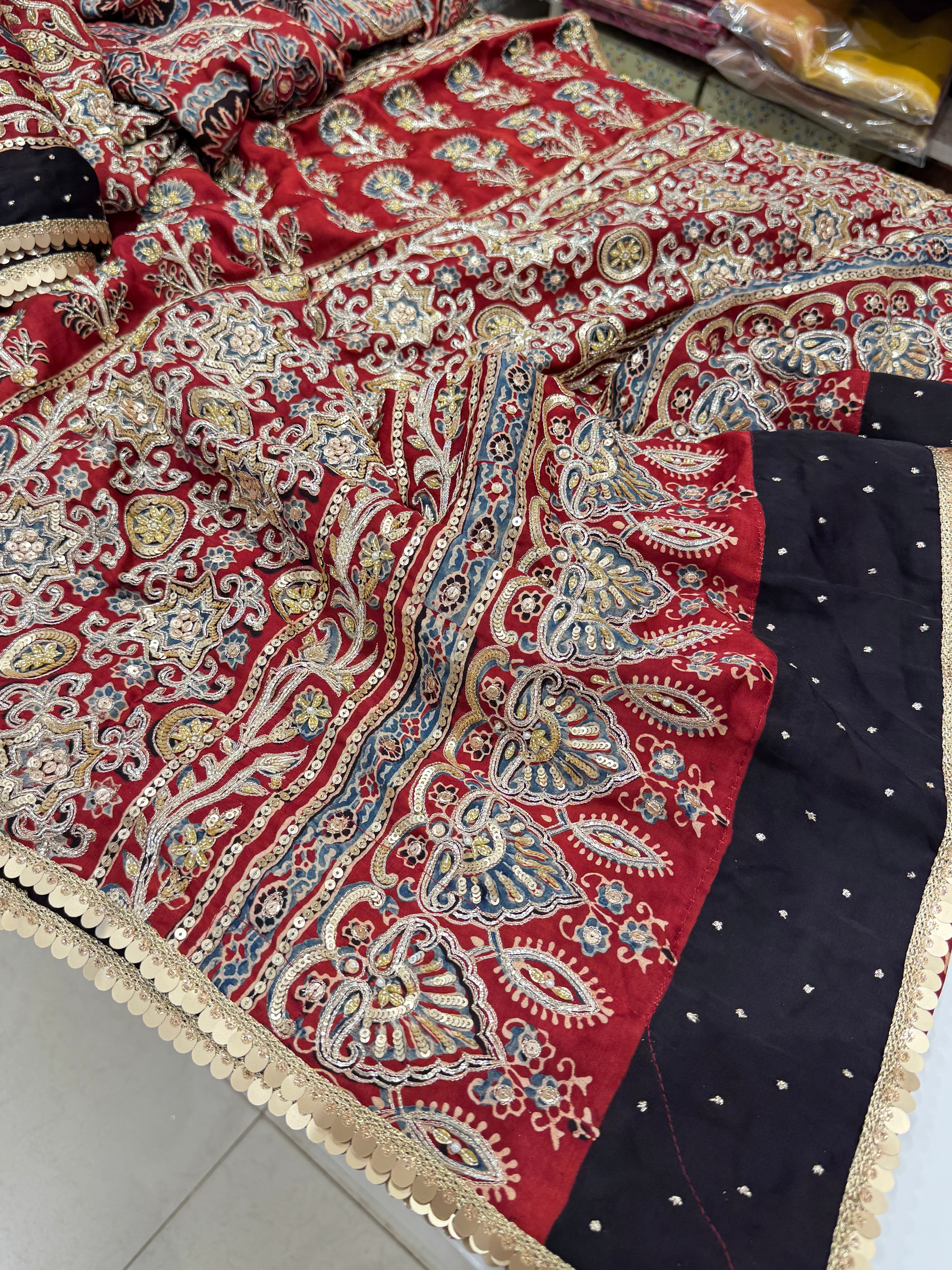 Red Ajrakh Hand Embroidery Saree