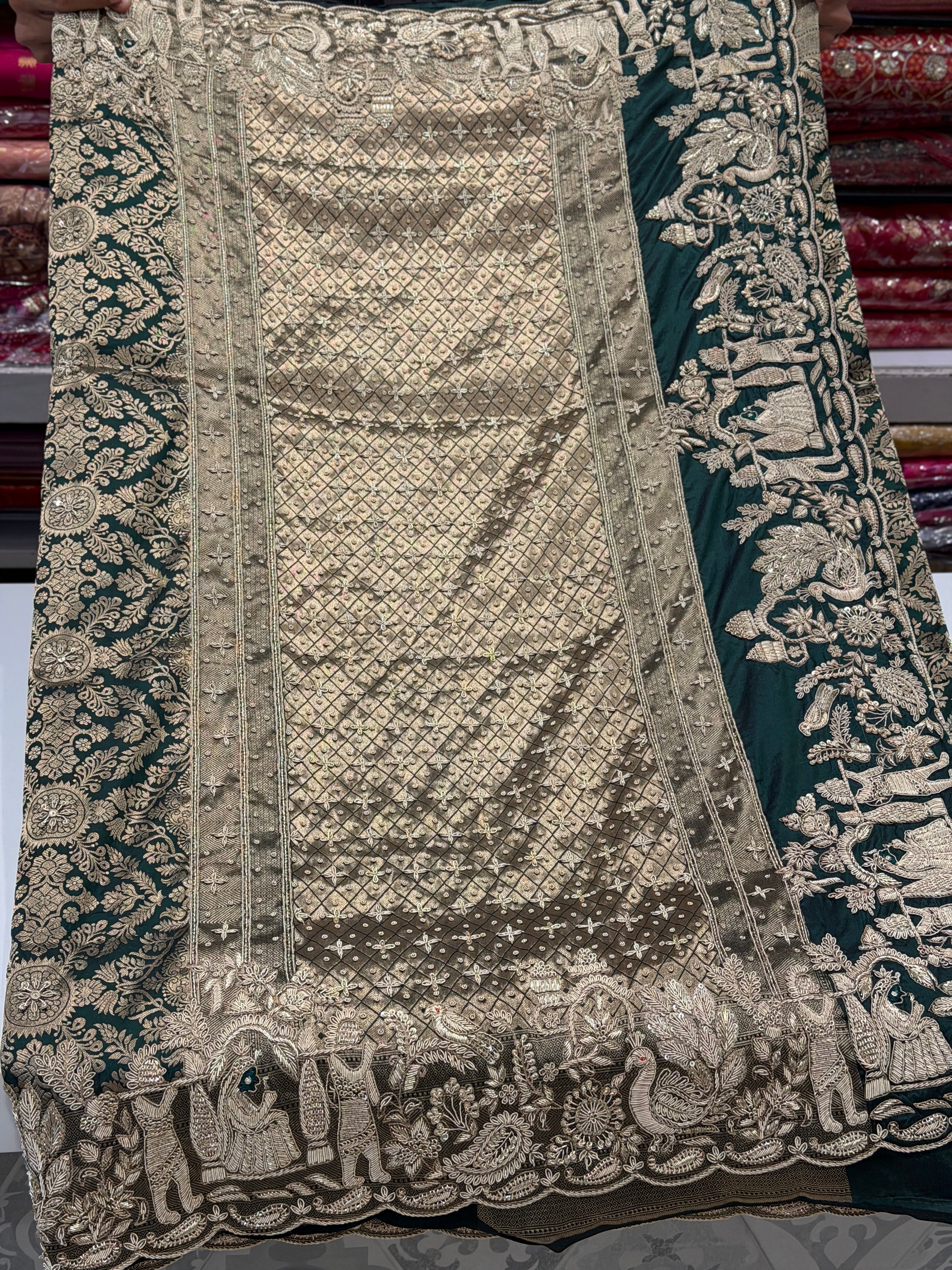 Bottle Green Handloom Banarasi Pure Katan Doli Zardosi Embroidery Saree