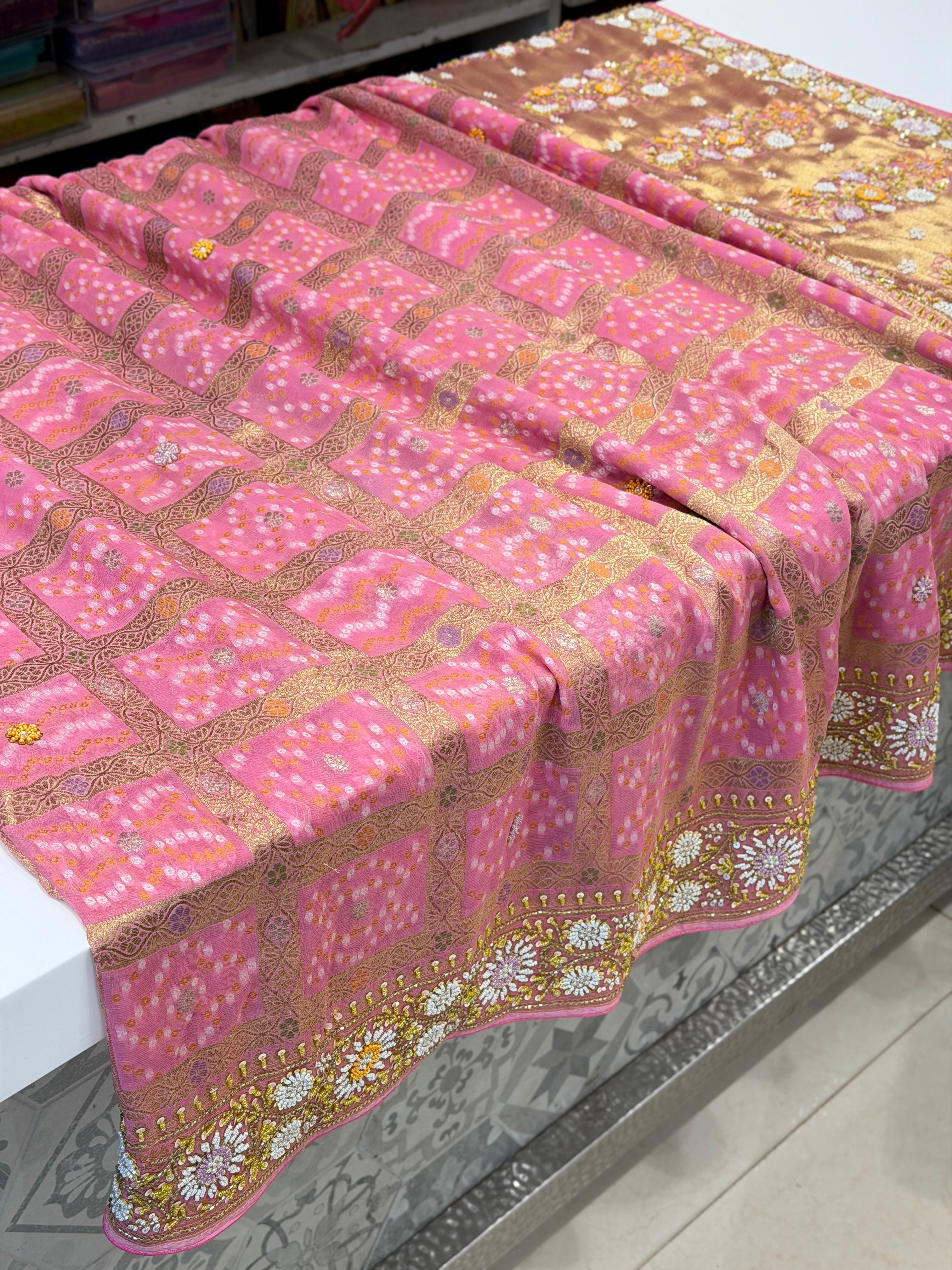 Pink Gharchola without Figures Moti Sequin Zardosi Hand Embroidery Georgette Saree