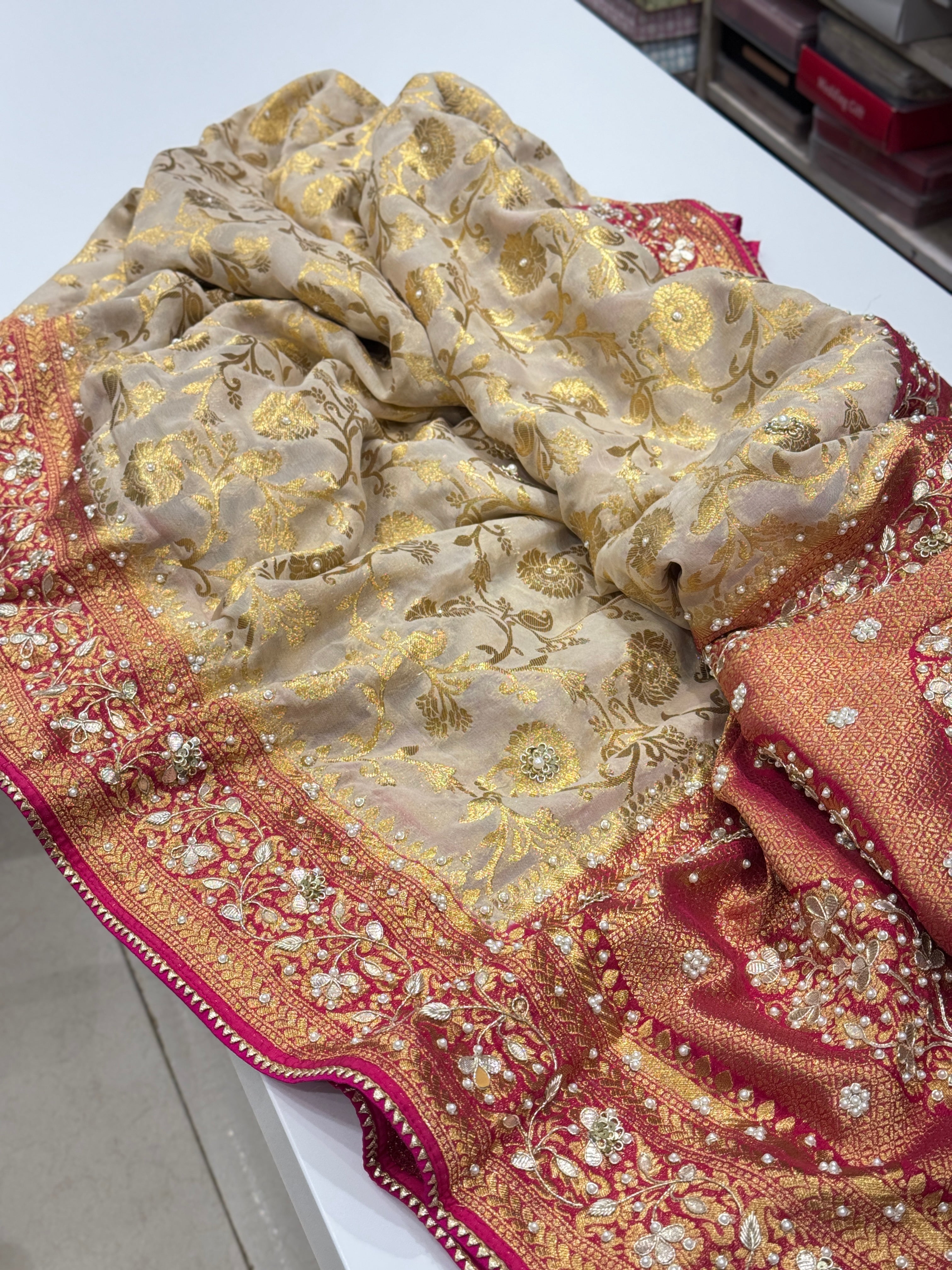 Beige Rani Banarasi Khaddi Georgette Baghban Jaal Zardosi Embroidery Saree