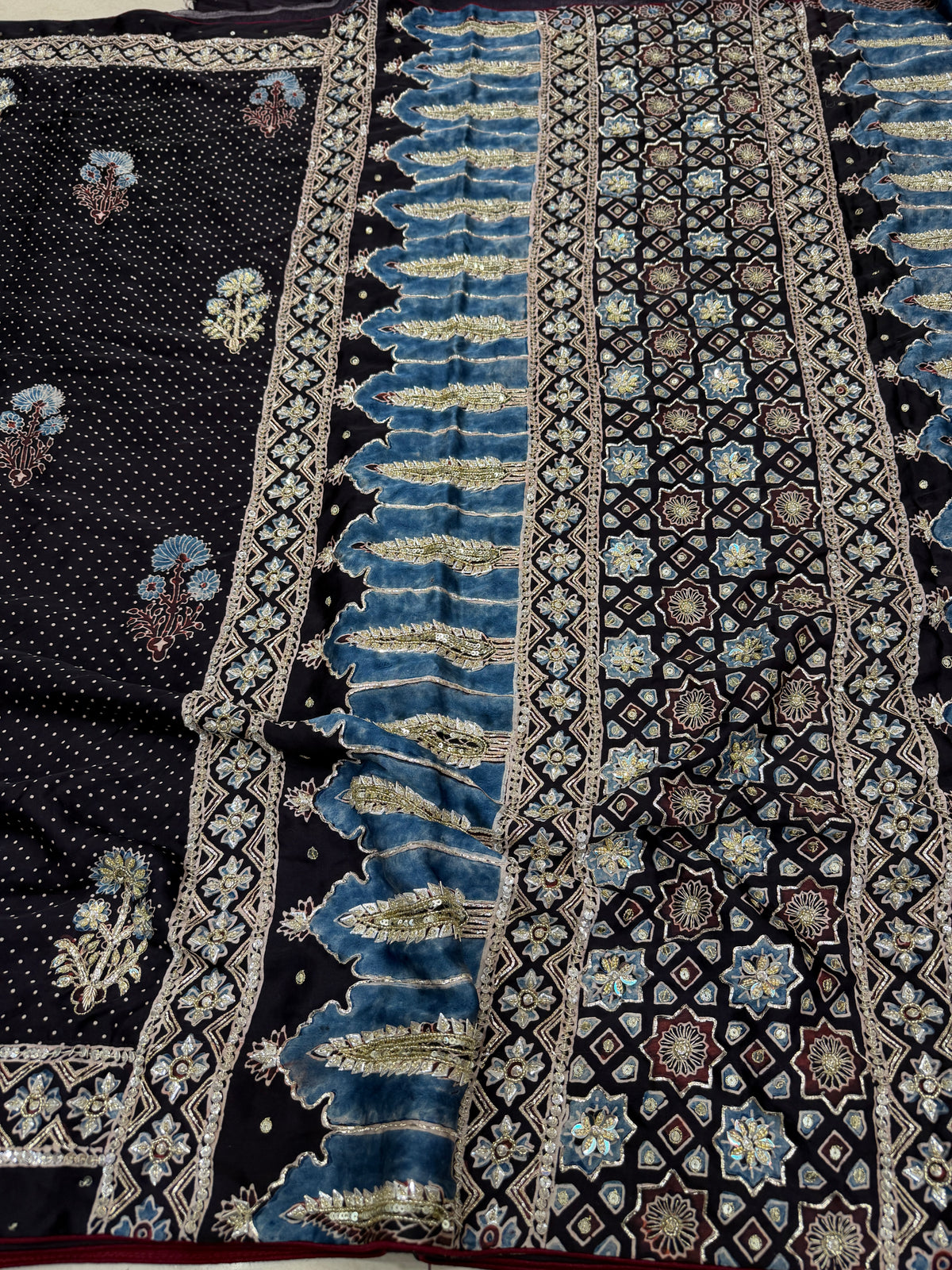 Black Buttas Pita Zardosi Sequin Ajrakh Hand Embroidery Saree