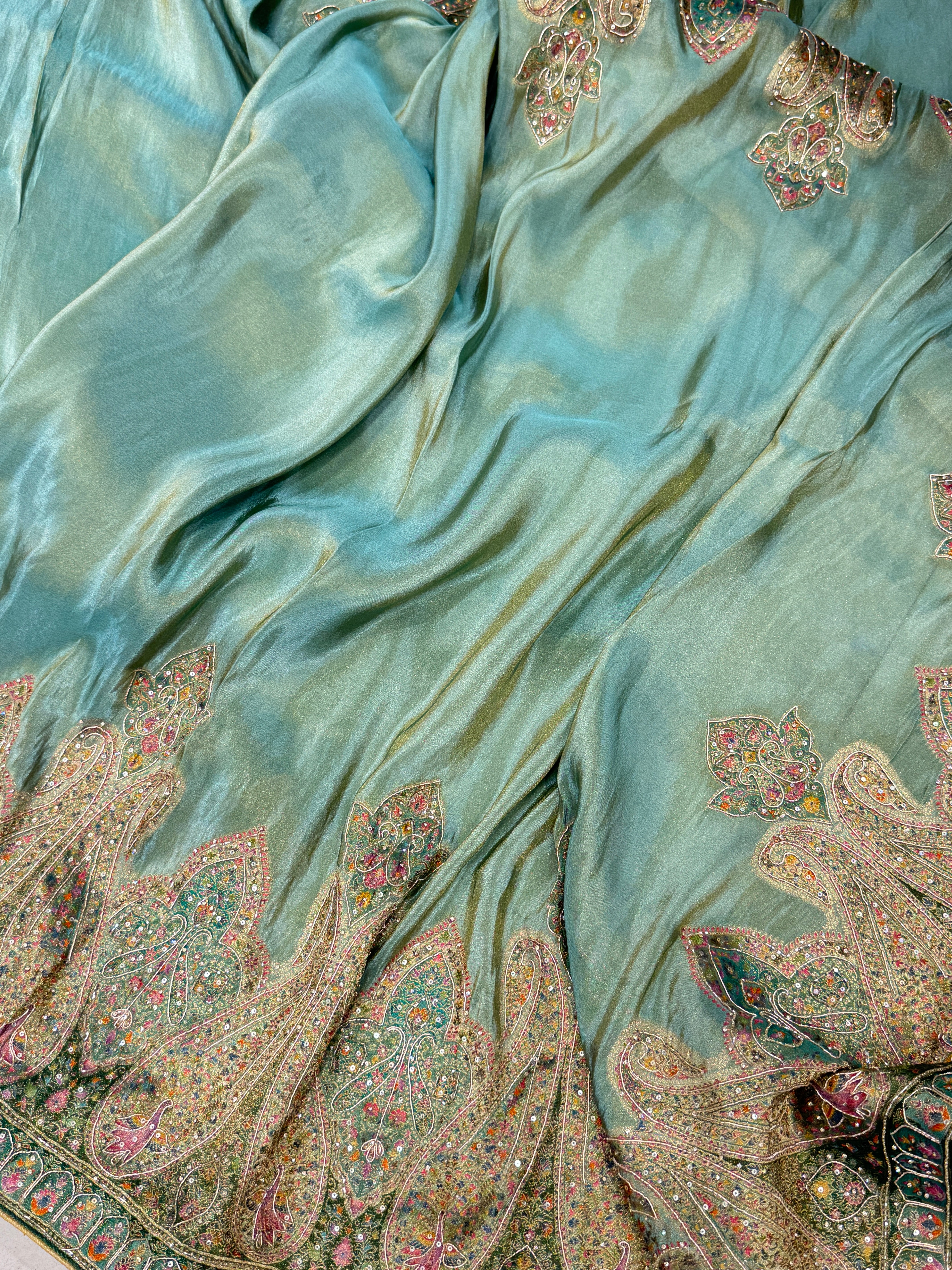 Sea Green Crepe Tissue Pashmina Style Embroidery Saree