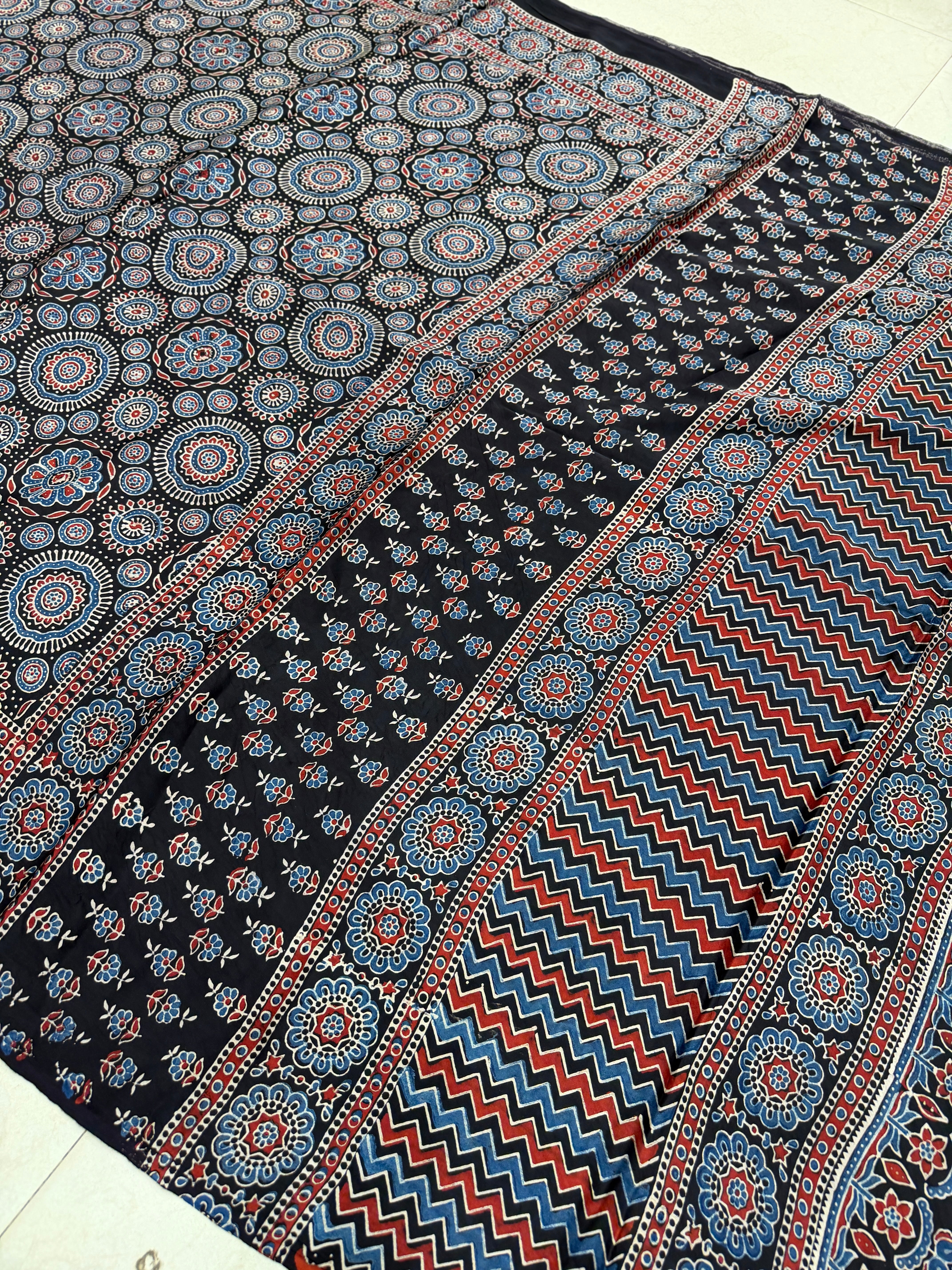 Black Jaal Buttas Ajrakh Hand Block Print Pure Gajji Silk Saree