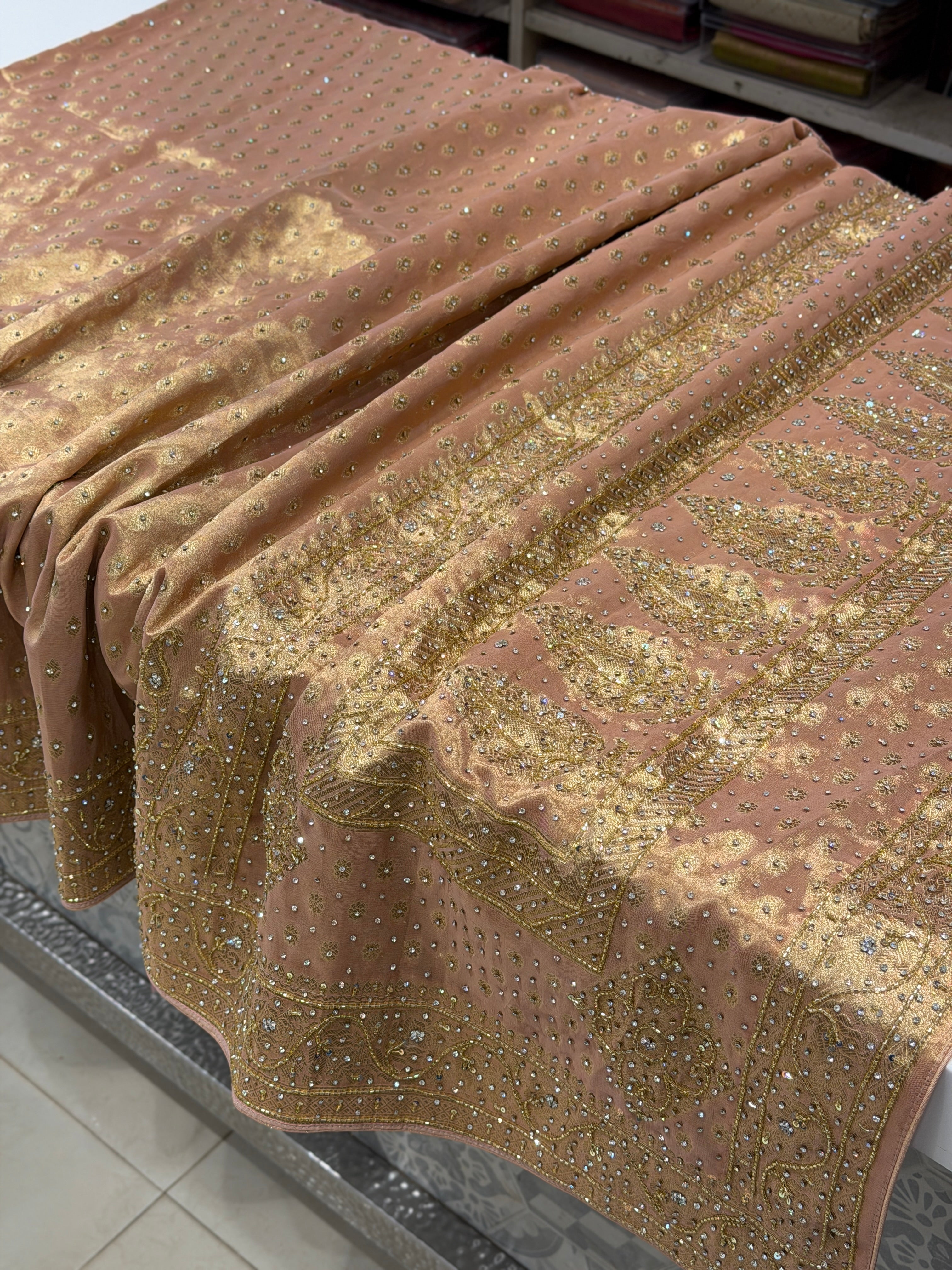 Pink Tissue Buttis Stones Hand Embroidery Saree