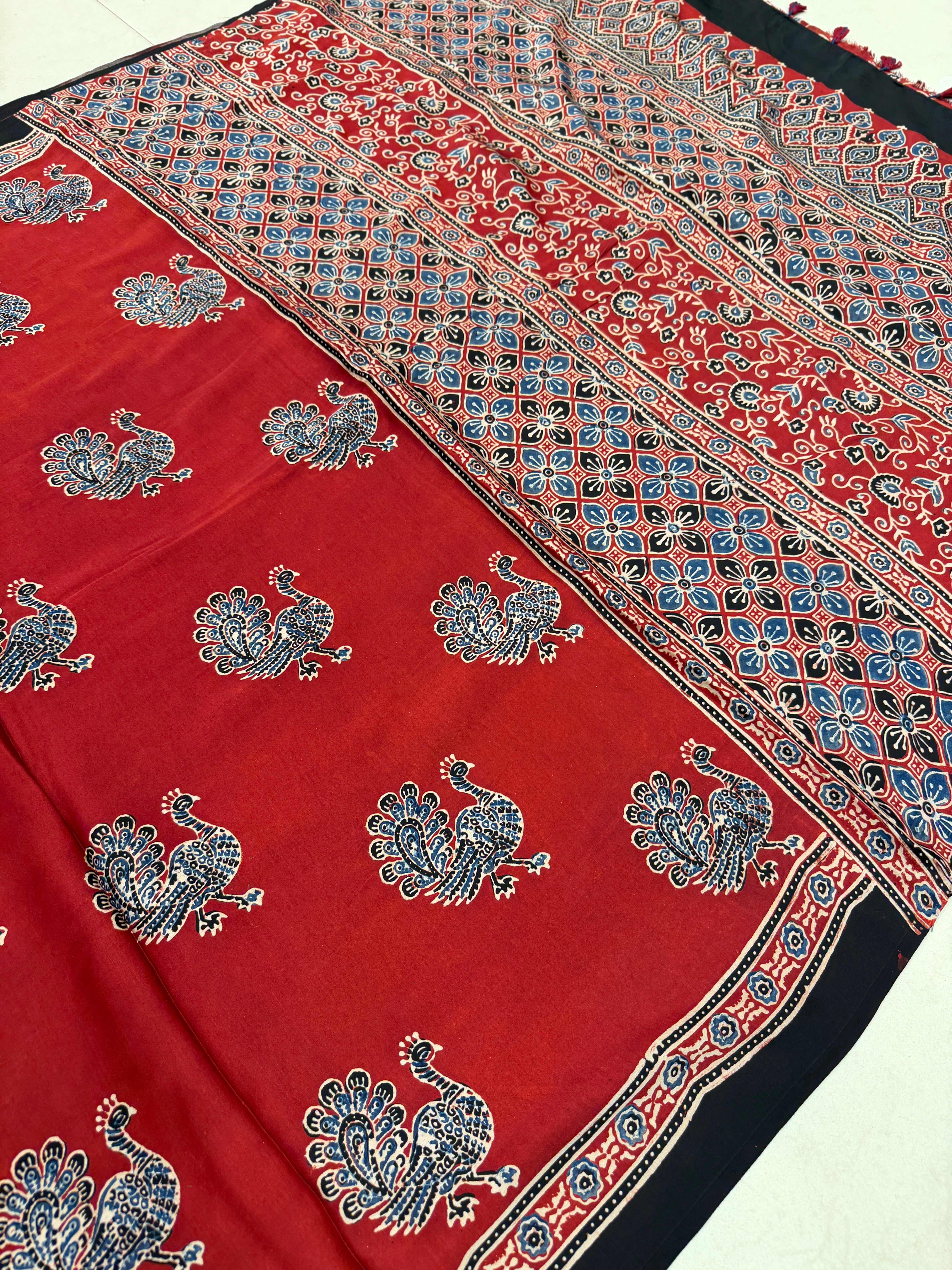 Red Peacock Motif Ajrakh Block Print Hand Pure Gajji Silk Saree
