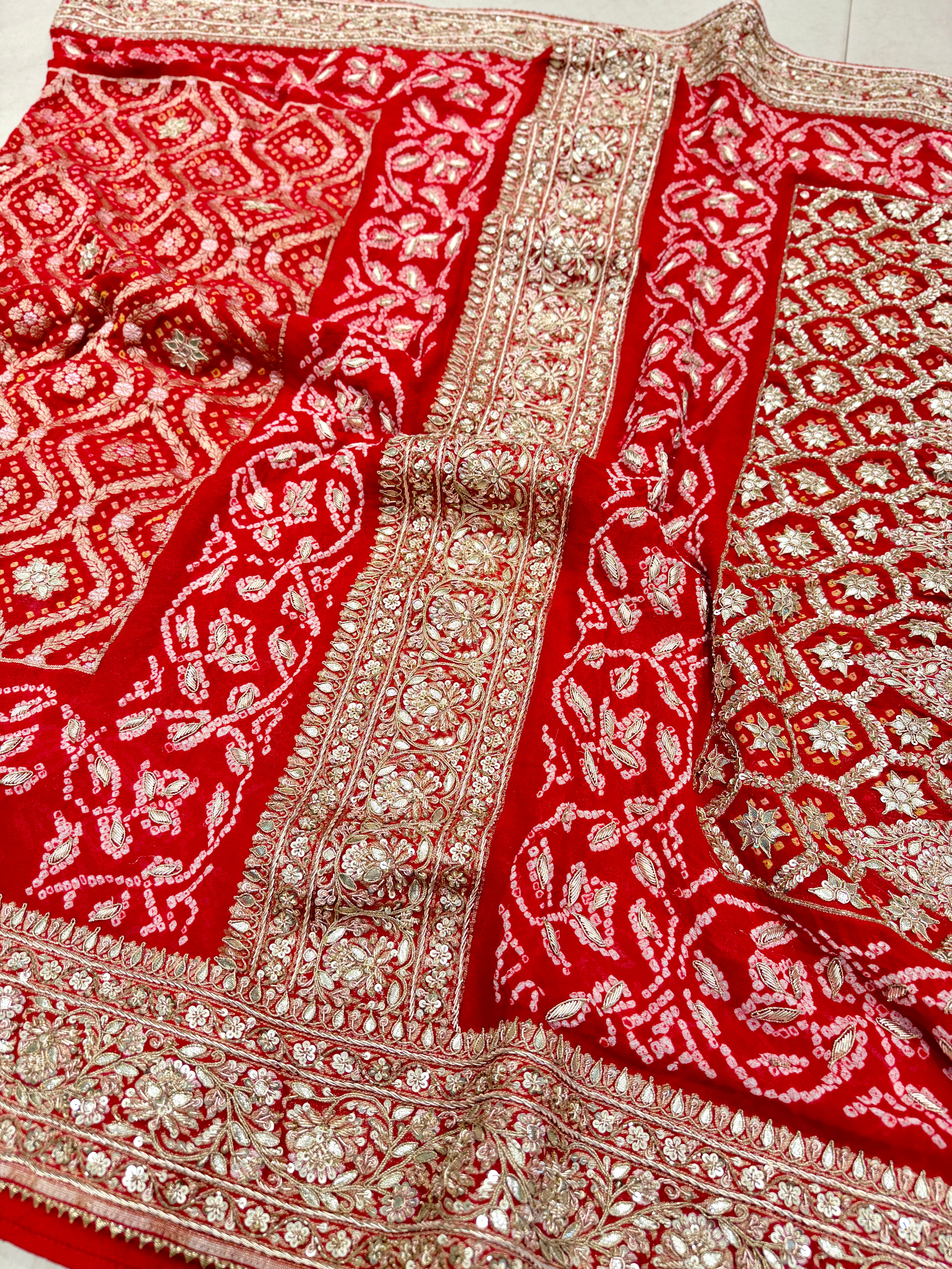 Red Bandhej Georgette Marodi Zardosi Gota Hand Embroidery Saree