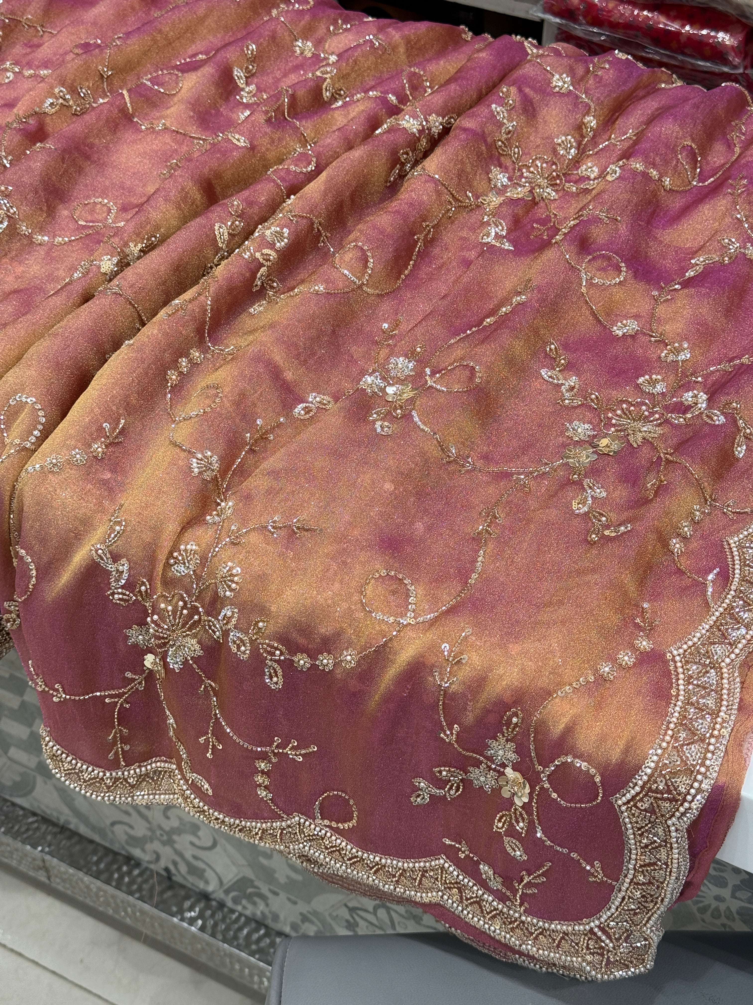 Peach Soft Tissue Moti Embroidery Jaal Saree