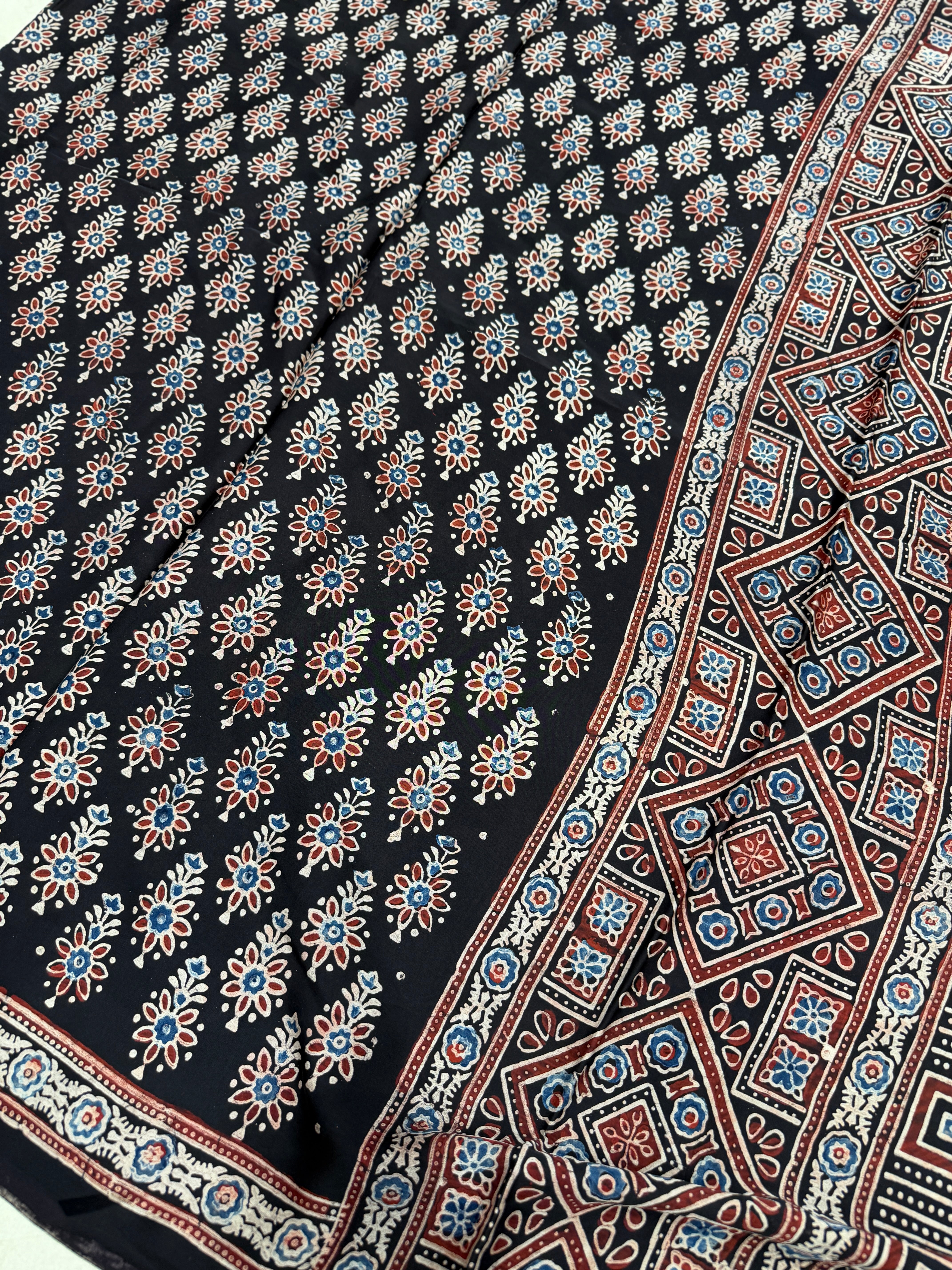 Black Buttis Ajrakh Hand Block Print Pure Gajji Silk Saree